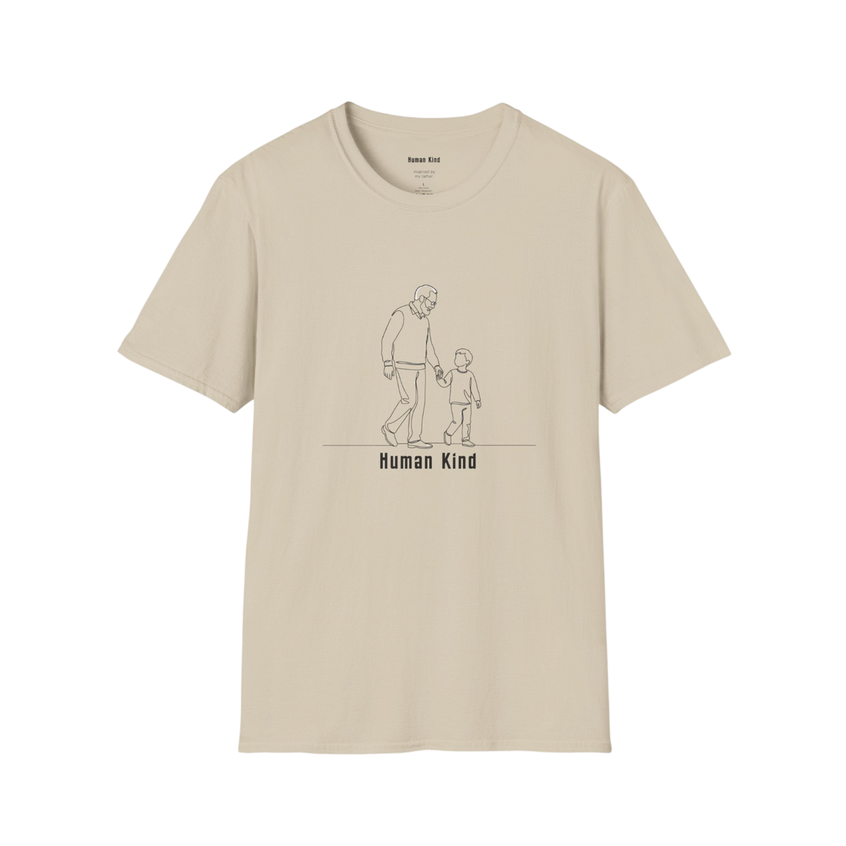 A beige crewneck t-shirt with a minimalist black line art graphic of an adult and child holding hands, with the text 'Human Kind' printed below. The shirt is displayed flat against a solid white background.