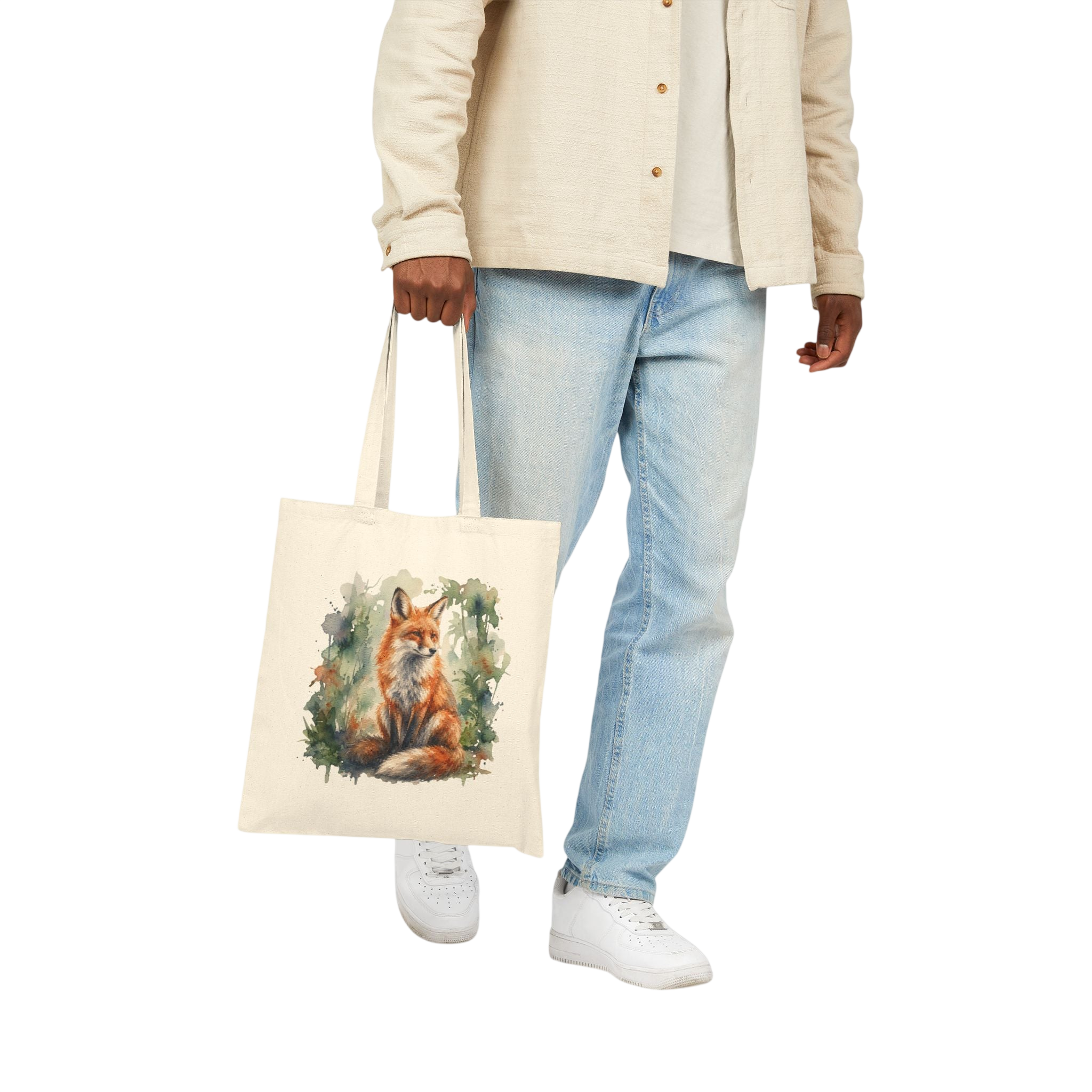 Fox Watercolor Canvas Tote Bag — Nature-Inspired Reusable Market Bag
