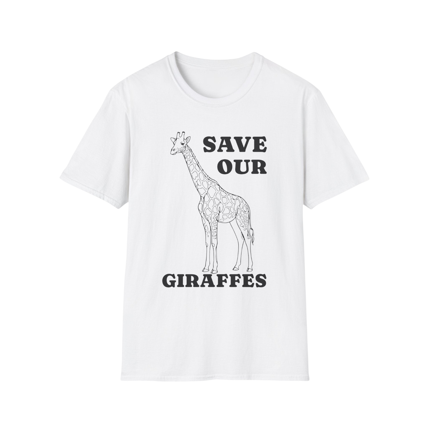 A white short-sleeve crewneck t-shirt featuring a black line art illustration of a giraffe with the text 'SAVE OUR GIRAFFES' printed on the front.