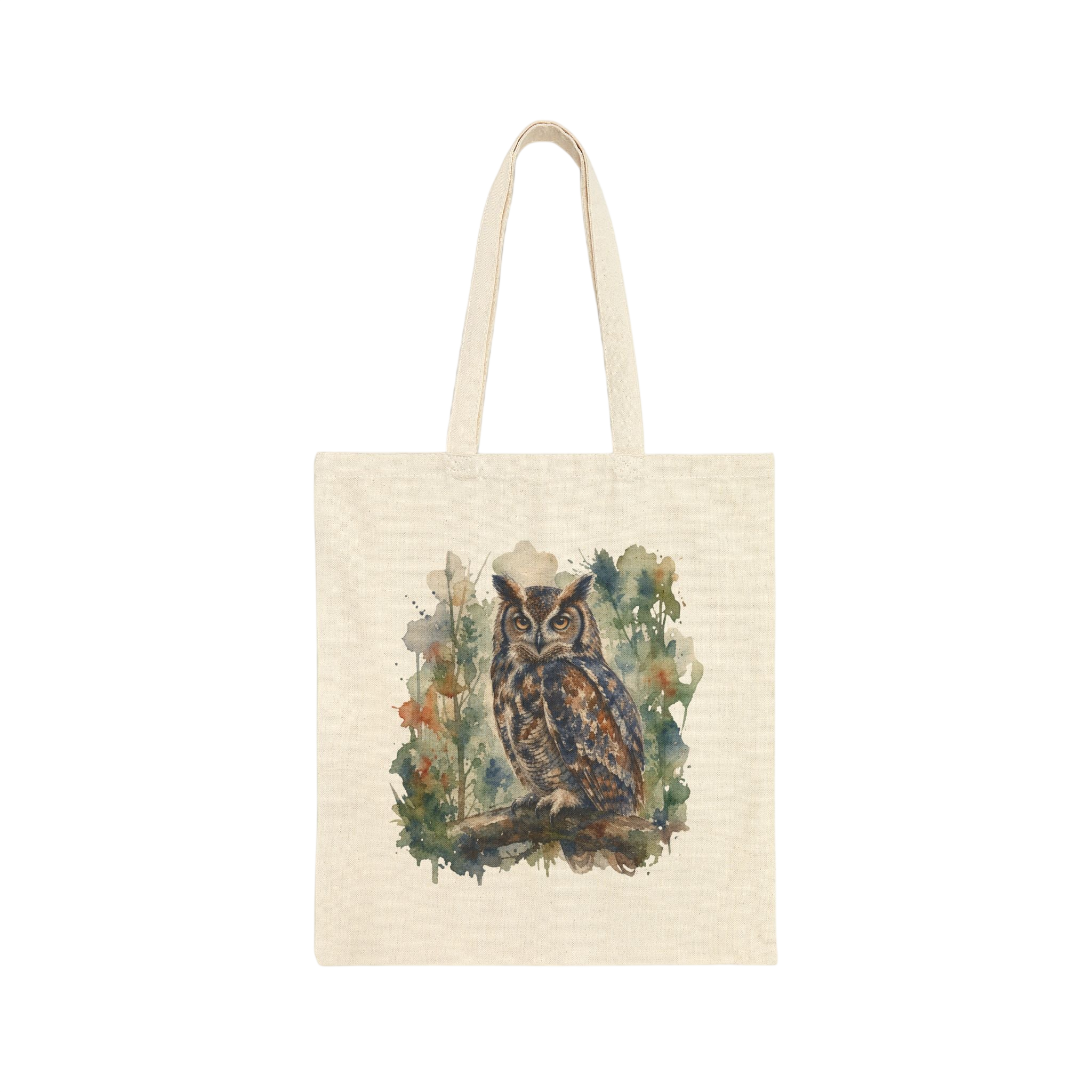 Canvas Tote Bag — Watercolor Owl Forest Illustration