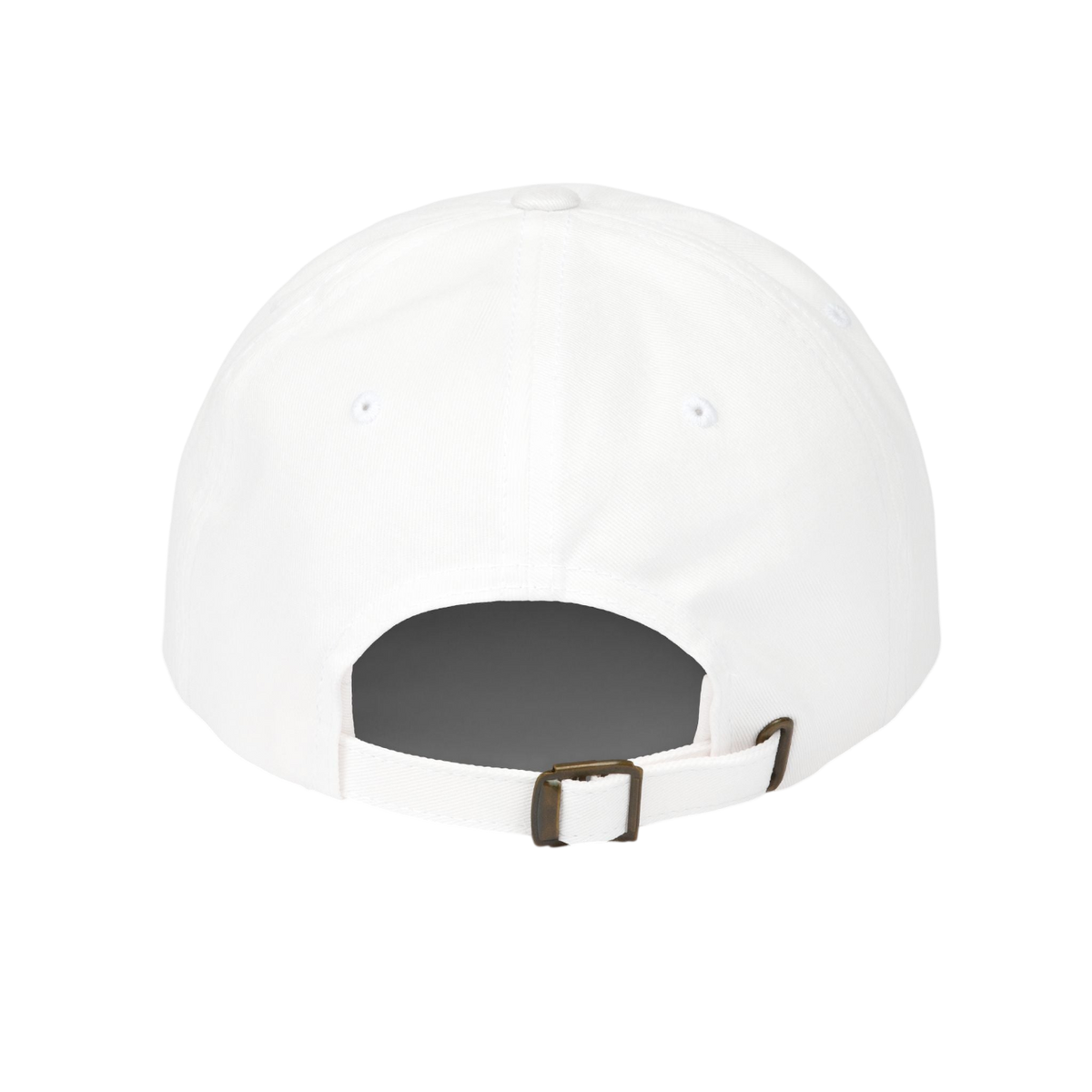 White baseball cap shown from the back, featuring a white adjustable strap with a dark metal buckle.