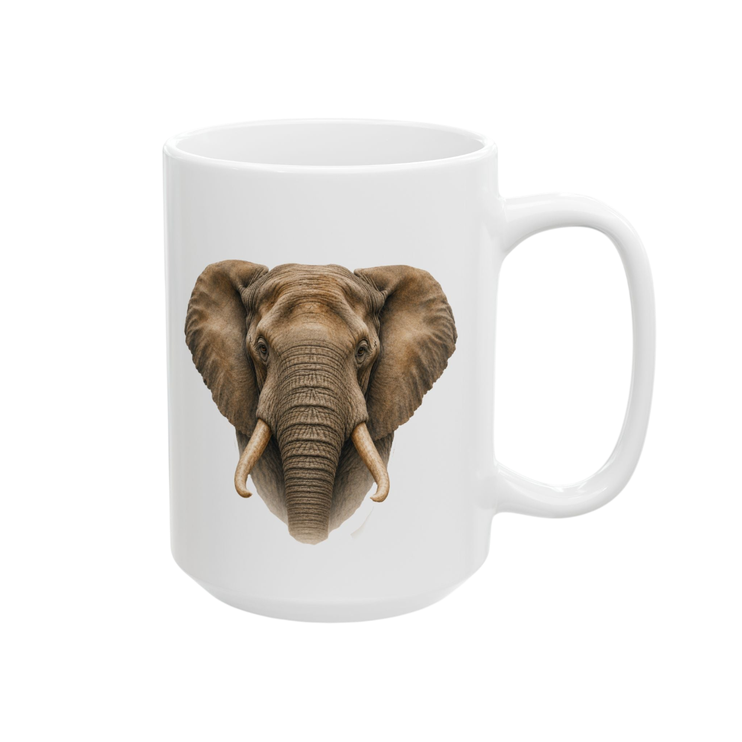 A white ceramic mug featuring a detailed graphic print of an African elephant's head on the front, set against a plain white background.