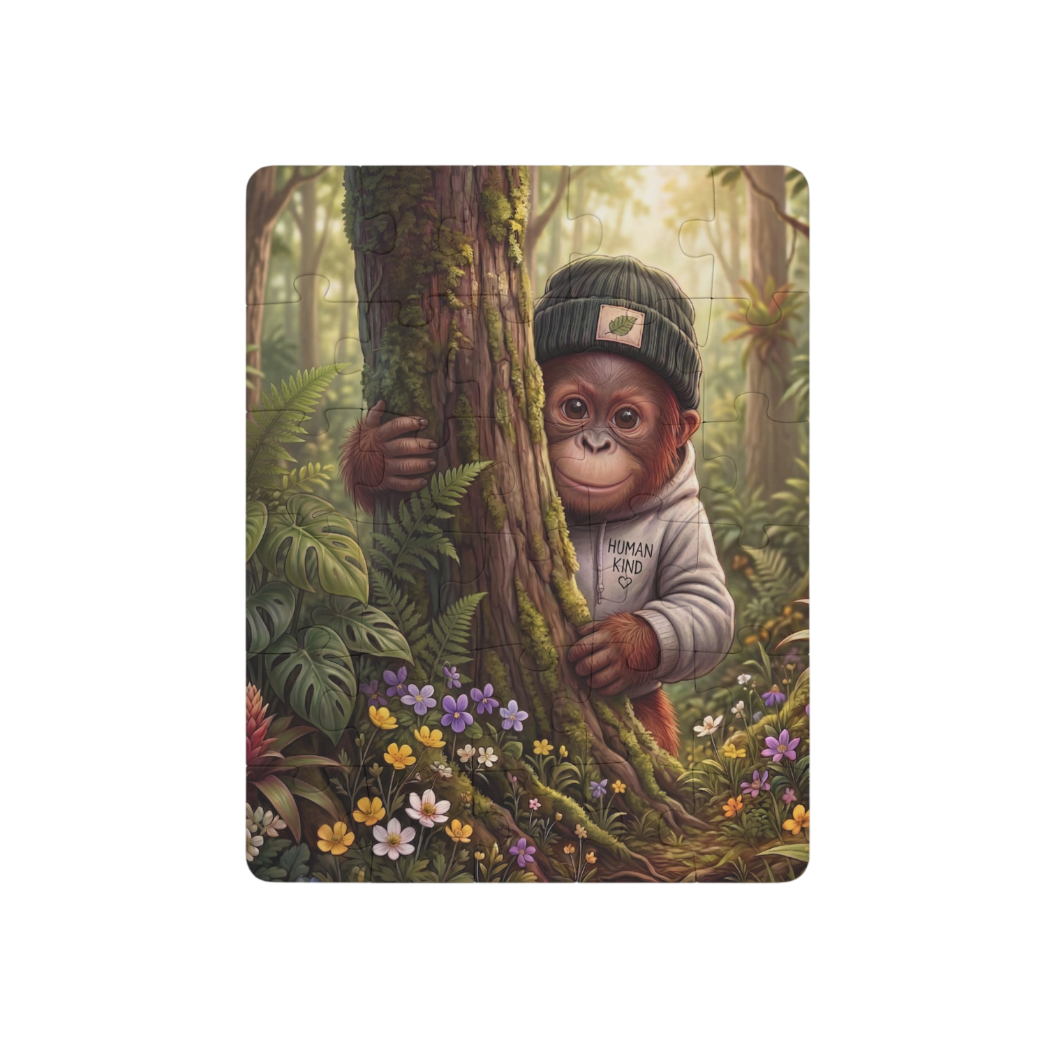 A rectangular art print or puzzle featuring a cartoon orangutan peeking from behind a tree in a lush jungle, wearing a green beanie and a white sweatshirt with 'KUPRA ESTD' text. The print is centered on a plain white background.