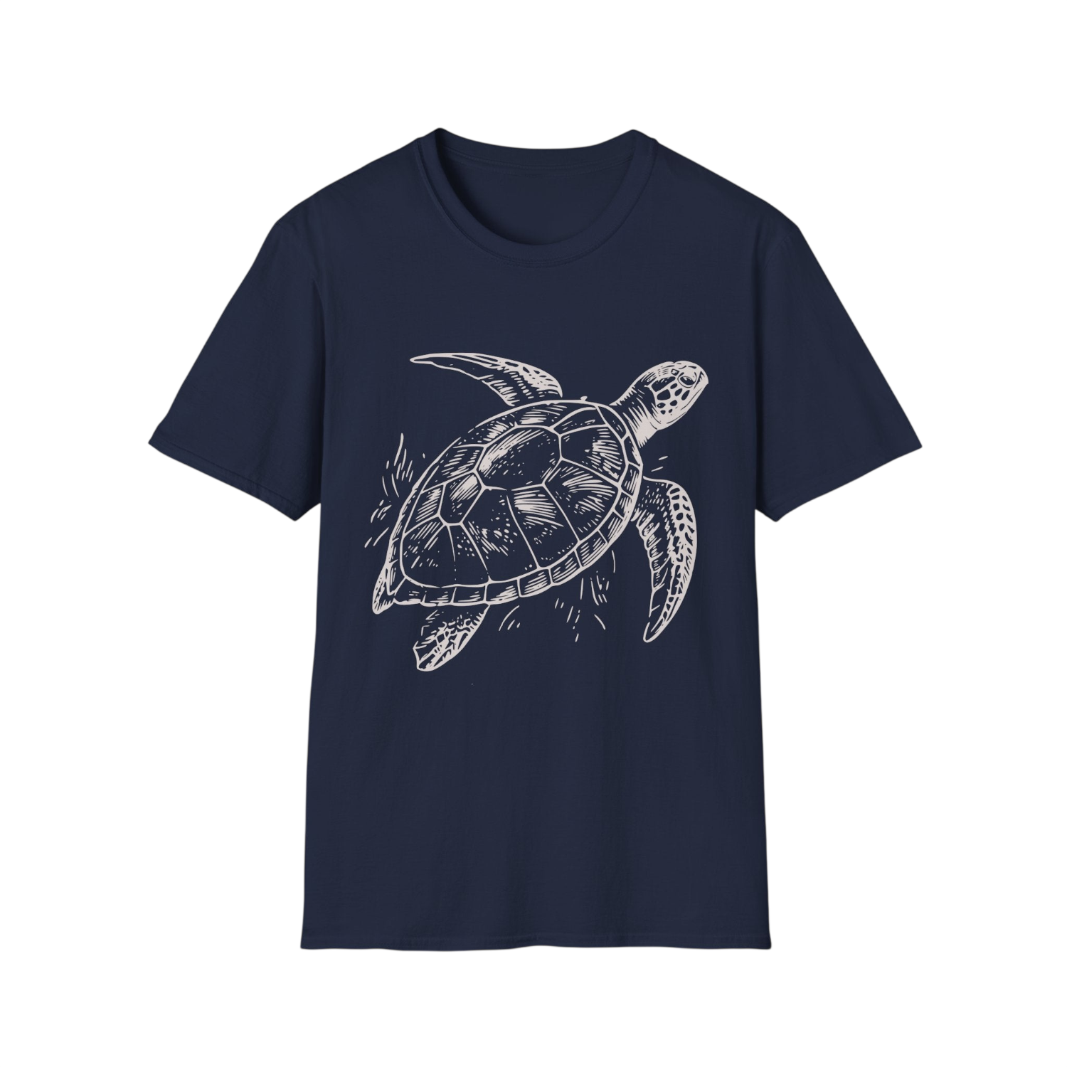 A navy blue short-sleeve crewneck t-shirt featuring a white line art graphic of a sea turtle on the front, displayed against a solid white background.