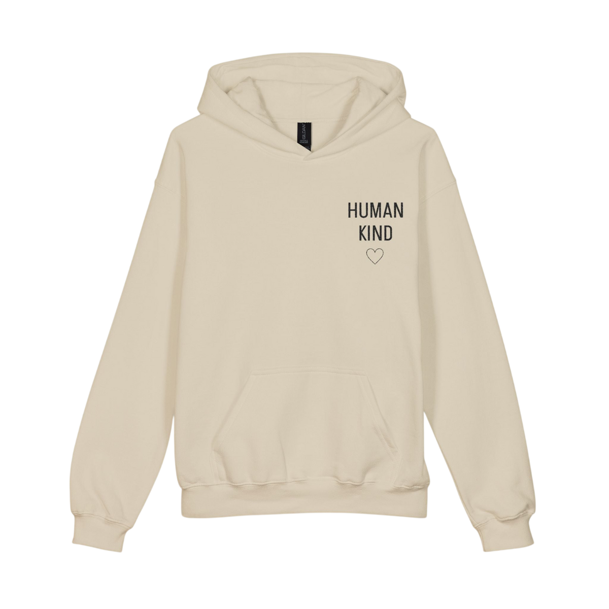 A cream-colored pullover hoodie with 'HUMAN KIND' printed in black on the left chest, accompanied by a small heart outline, shown against a plain white background.
