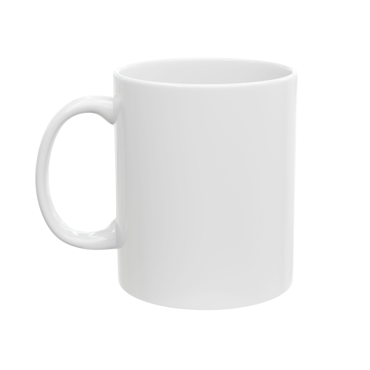A plain white ceramic mug with a C-shaped handle, shown from a three-quarter angle on a solid white background.