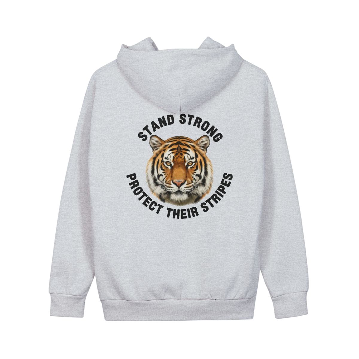 A light gray heather zip-up hoodie shown from the back, featuring a large graphic print of a tiger's face with the text 'STAND STRONG PROTECT THEIR STRIPES' in black around it.