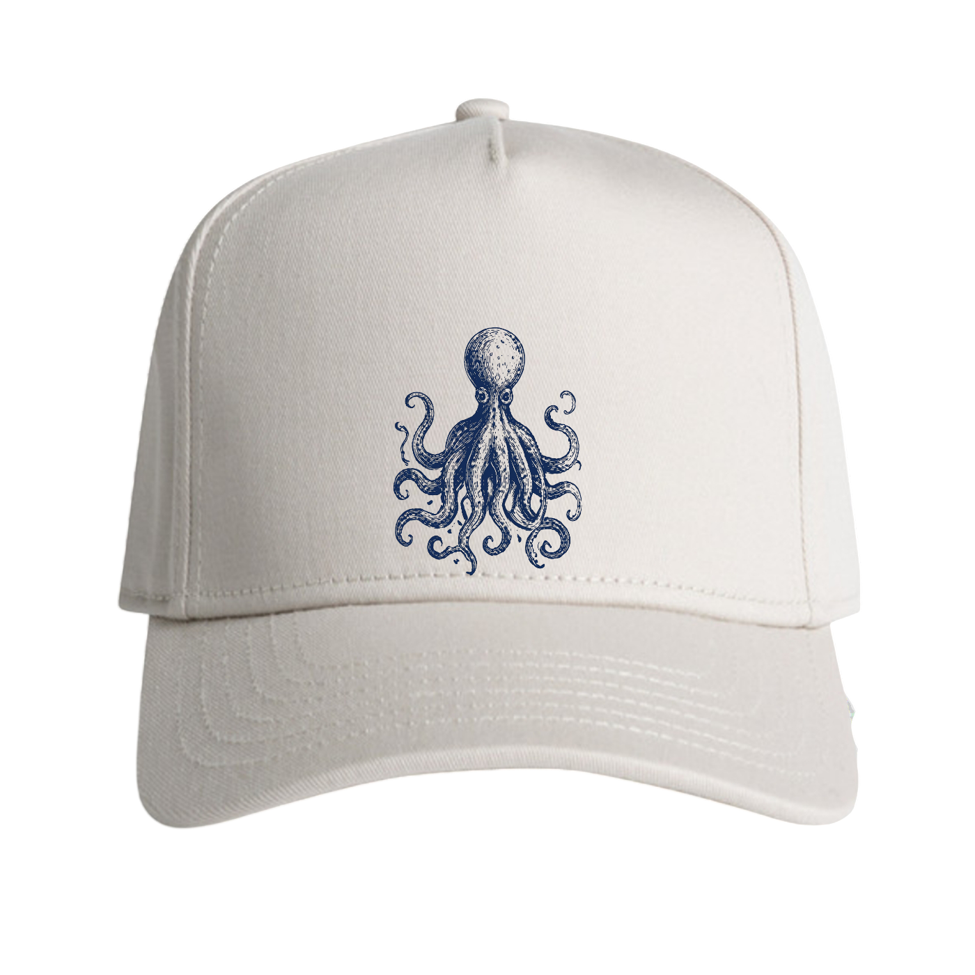 An off-white baseball cap featuring a navy blue embroidered octopus design on the front, set against a plain white background.