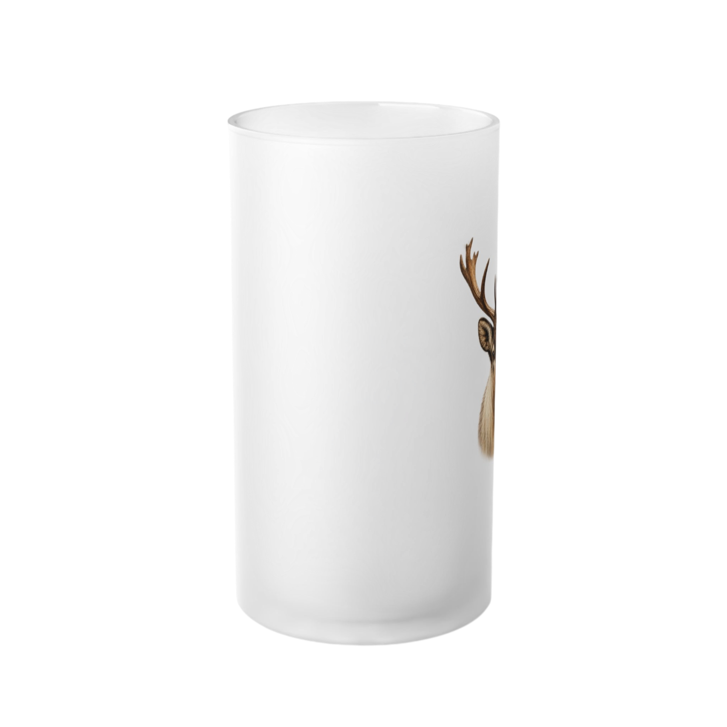 A frosted glass tumbler with a partial graphic of a brown deer head on the right side, shown against a plain white background.