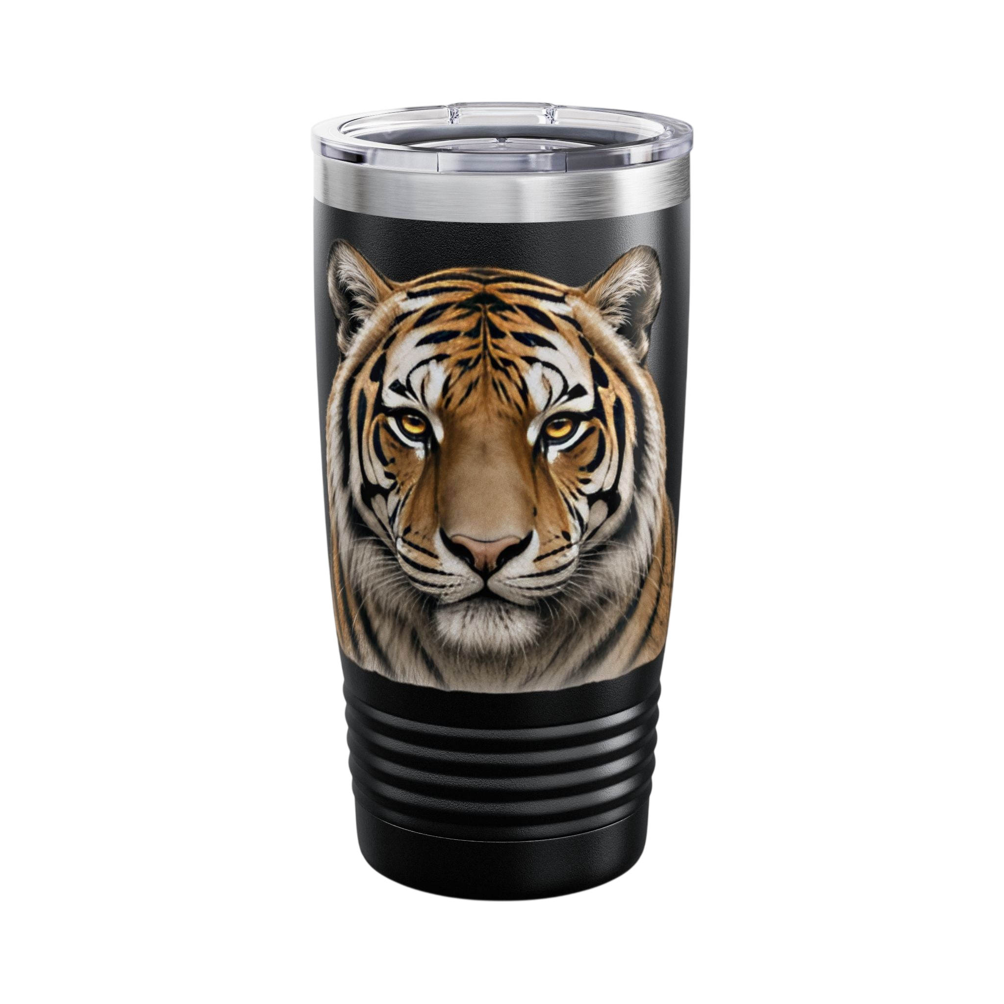 A black insulated travel tumbler with a clear lid, featuring a realistic printed tiger face graphic on the front, set against a plain white background.