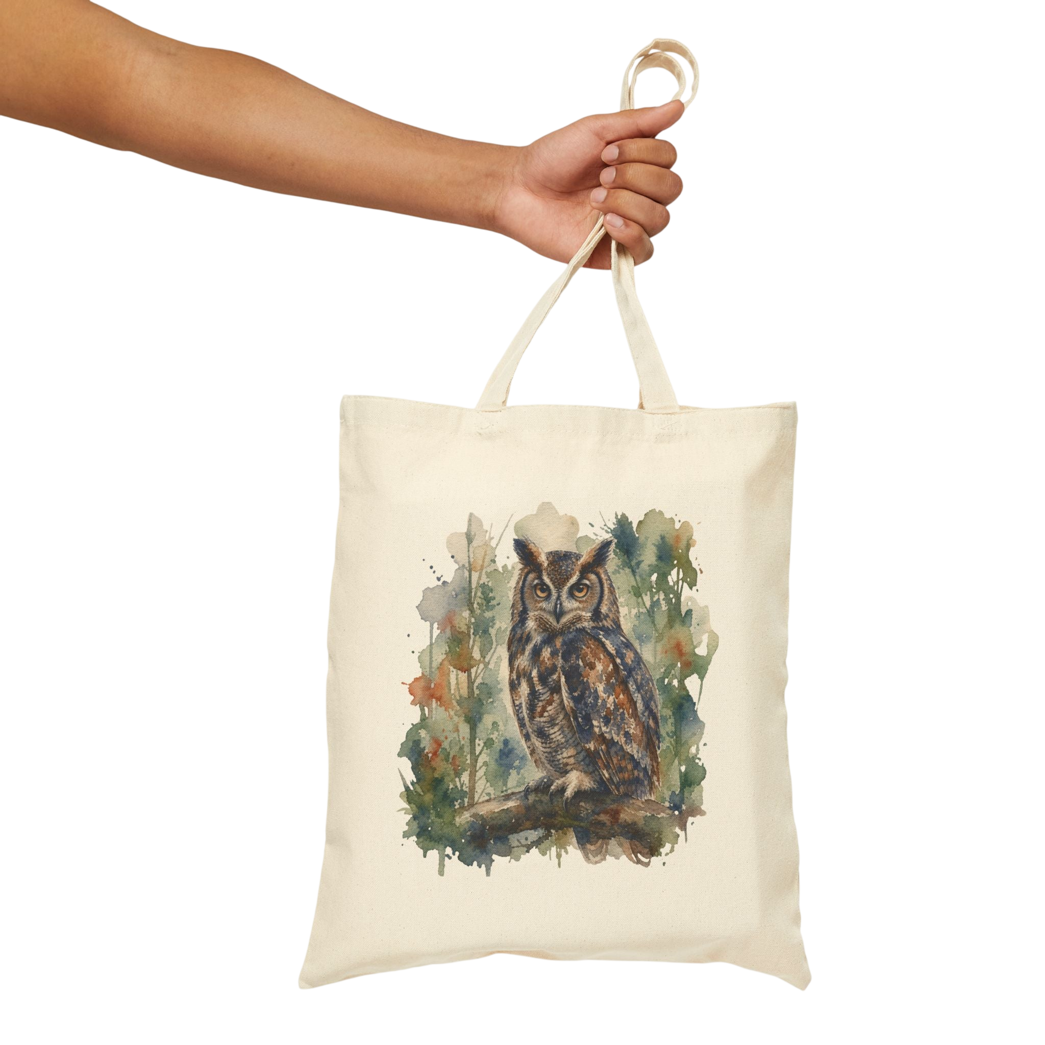 Canvas Tote Bag — Watercolor Owl Forest Illustration