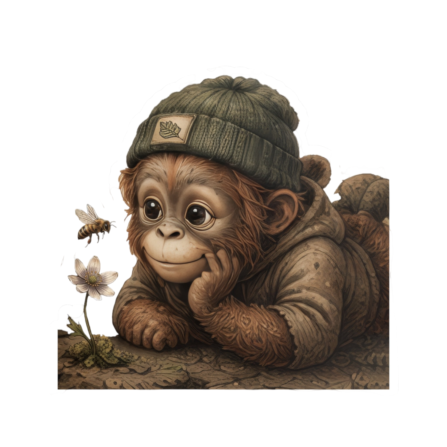 A stylized illustration of a baby orangutan lying on its stomach, wearing a dark green knit beanie with a small crown patch and a brown hooded jacket. A small bee flies near a flower beside the oranguran on a plain white background.