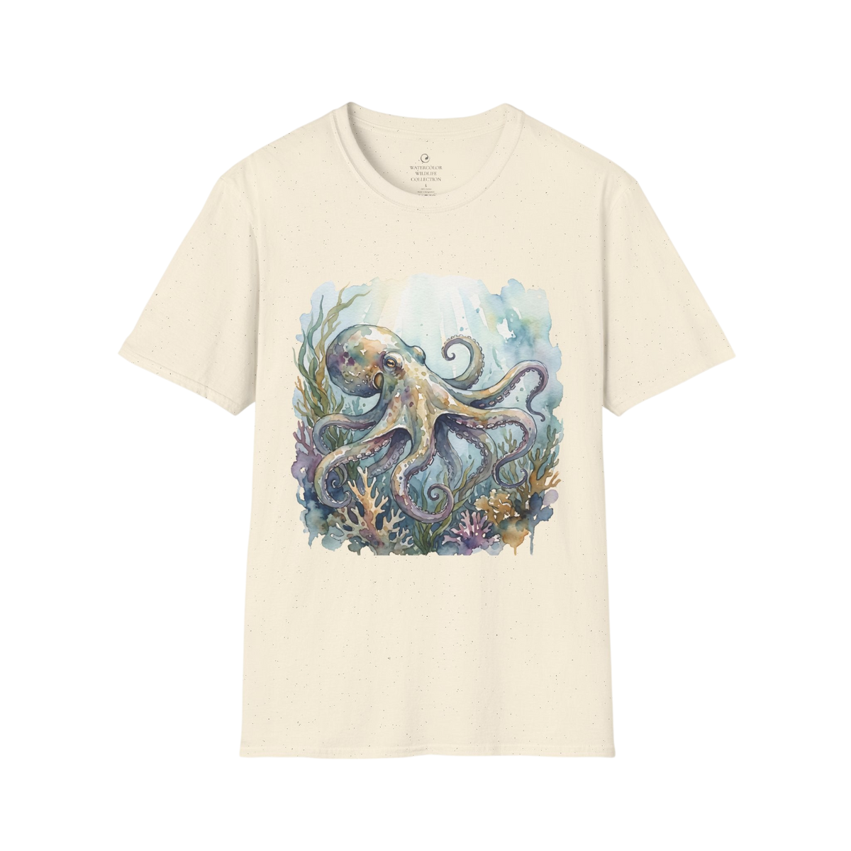 An off-white short-sleeve t-shirt with a colorful watercolor graphic of an octopus underwater, displayed on a clean white background.