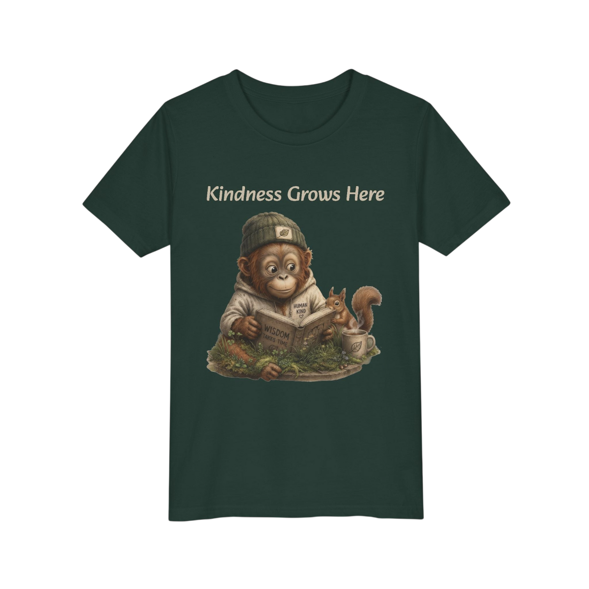 A dark green short-sleeve t-shirt with a graphic of a monkey wearing a cap and reading a book next to a squirrel, with the text 'Kindness Grows Here' printed above.