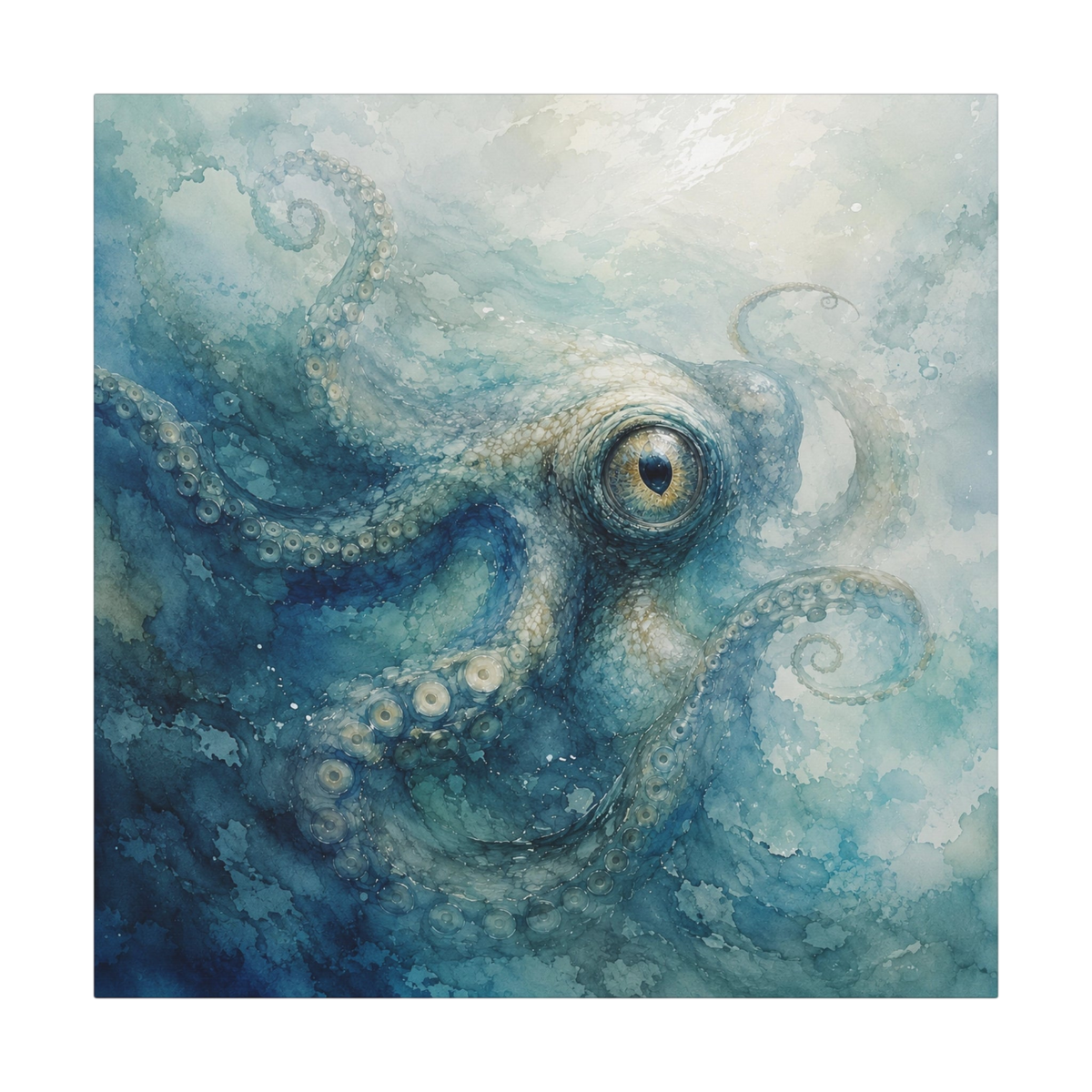 A square art print depicting a stylized blue octopus with a large detailed eye, rendered in textured watercolor-like shades of blue, teal, and white on a white background.