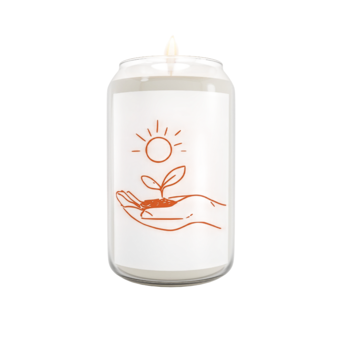 A white jar candle with a single wick, featuring an orange line art graphic of a hand holding a small sprout under a sun, set against a plain white background.