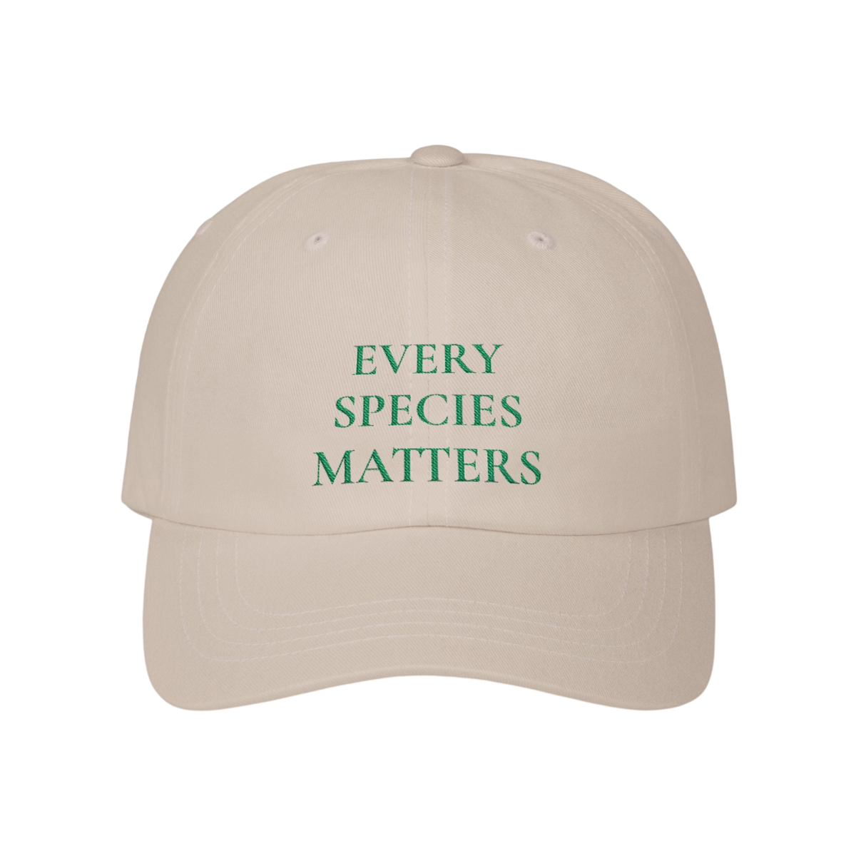 A beige baseball cap with the phrase 'EVERY SPECIES MATTERS' printed in green capital letters on the front, shown against a plain white background.