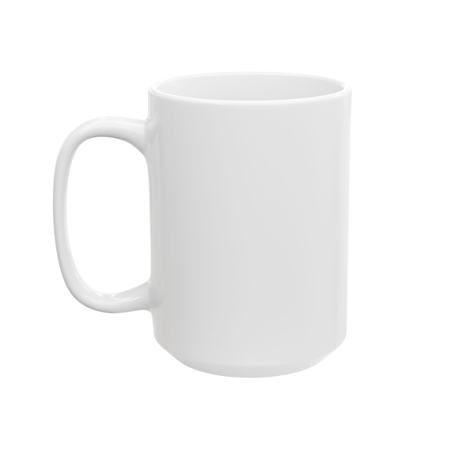 A plain white ceramic coffee mug with a large handle, shown from a three-quarter angle on a solid white background.