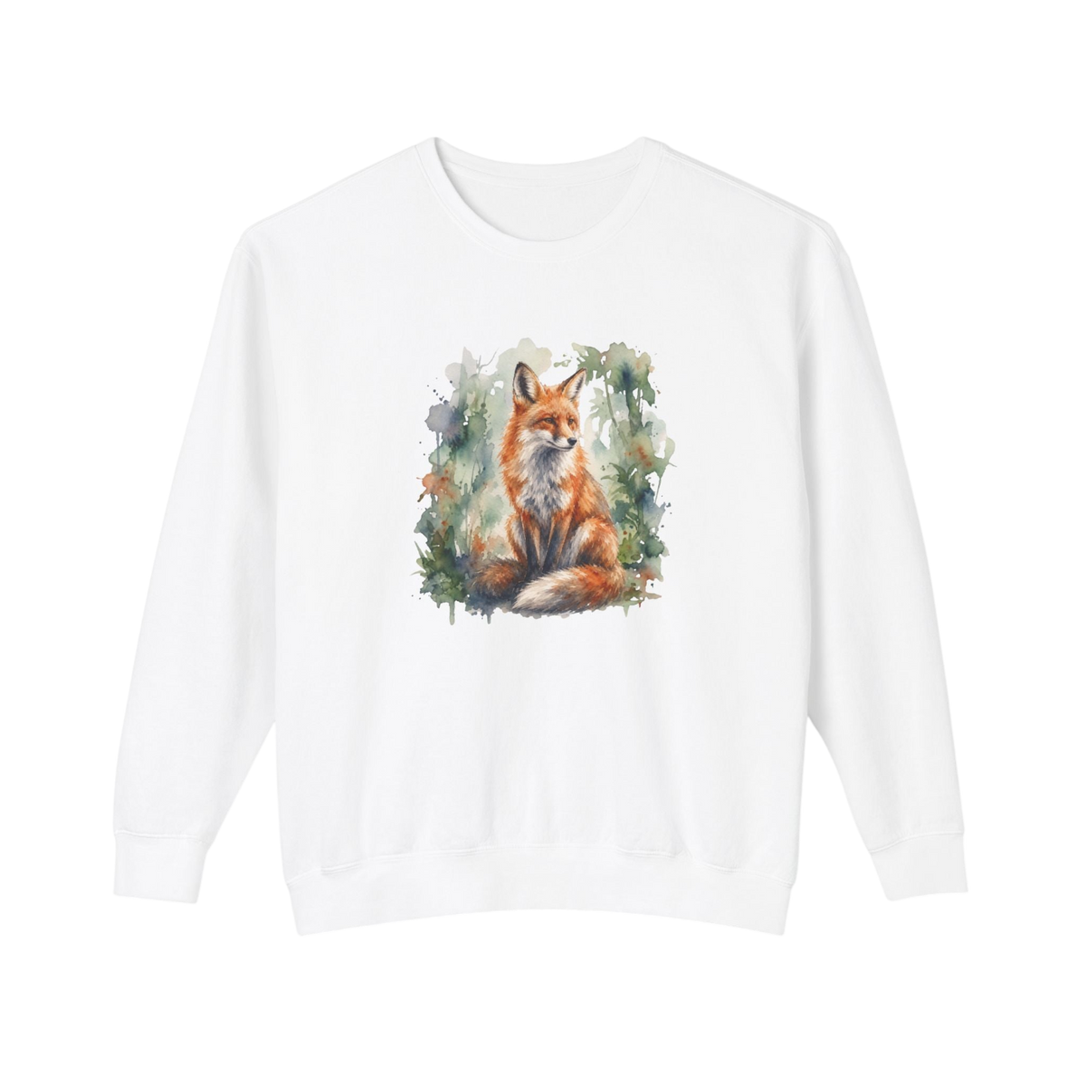 A white crewneck sweatshirt featuring a watercolor-style graphic of a red fox sitting amidst green foliage on the chest, displayed against a solid white background.