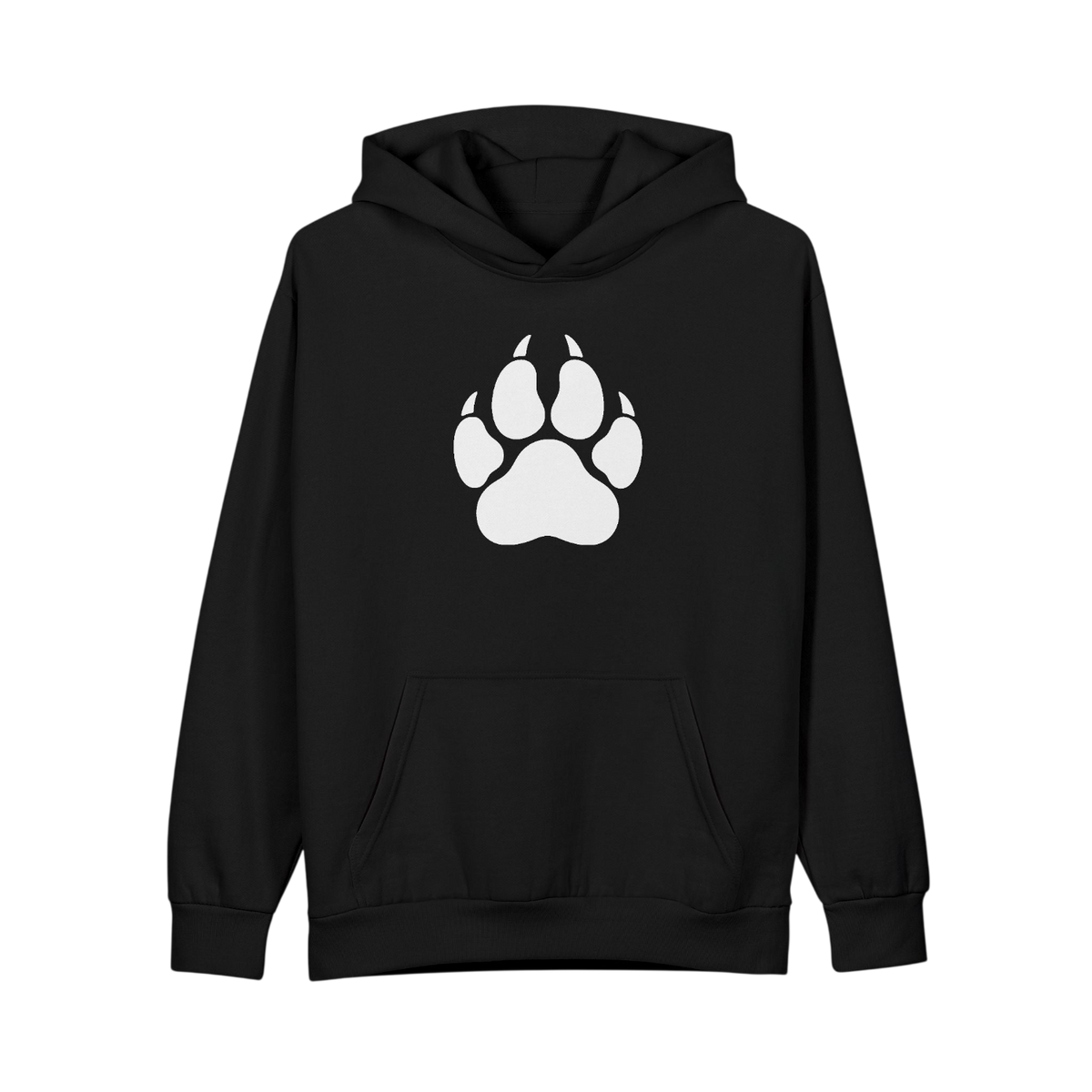 A black pullover hoodie with a white paw print graphic centered on the chest, displayed against a solid white background.
