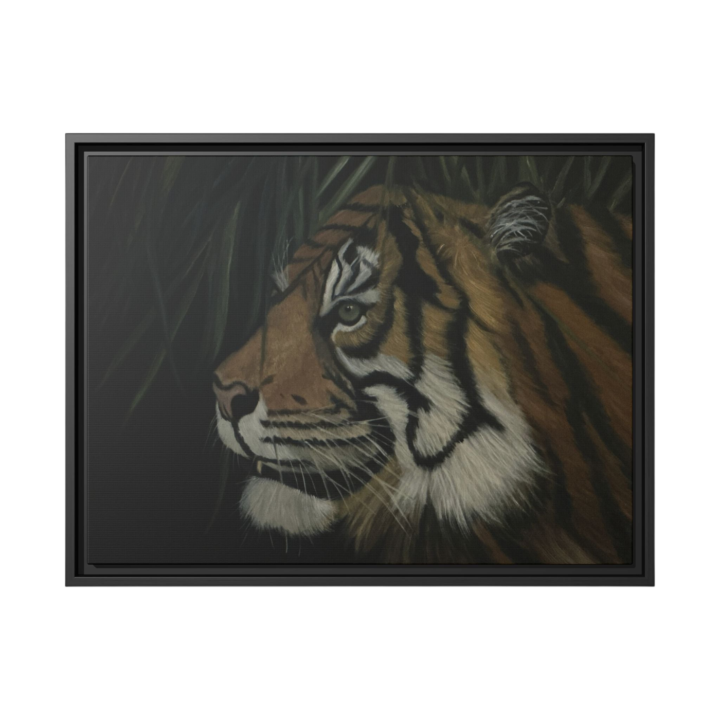 A framed art print depicting a close-up profile portrait of a tiger in profile against a dark background, enclosed in a simple black frame.
