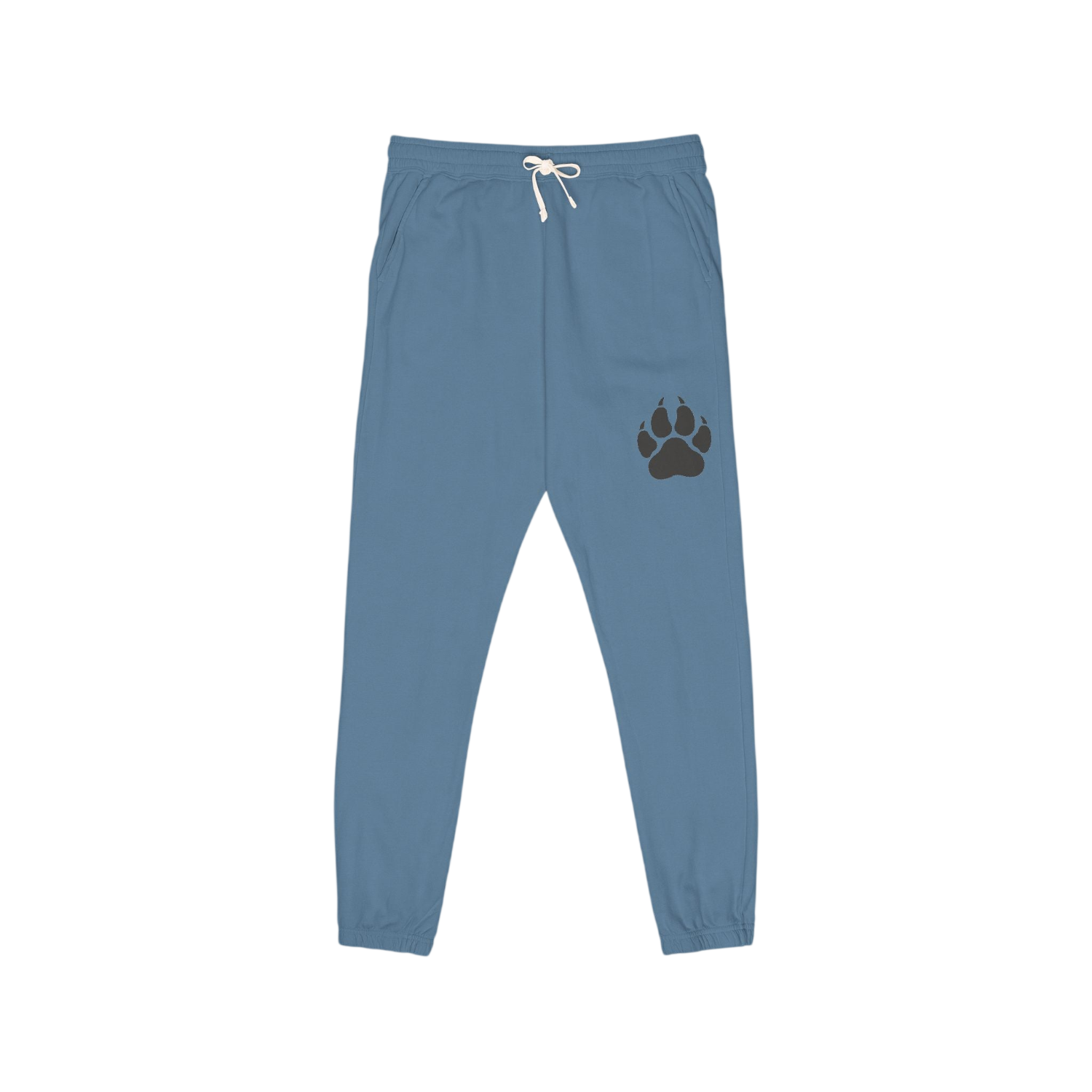 Blue jogger pants with a white drawstring and a dark brown paw print graphic on the left thigh, shown against a plain white background.