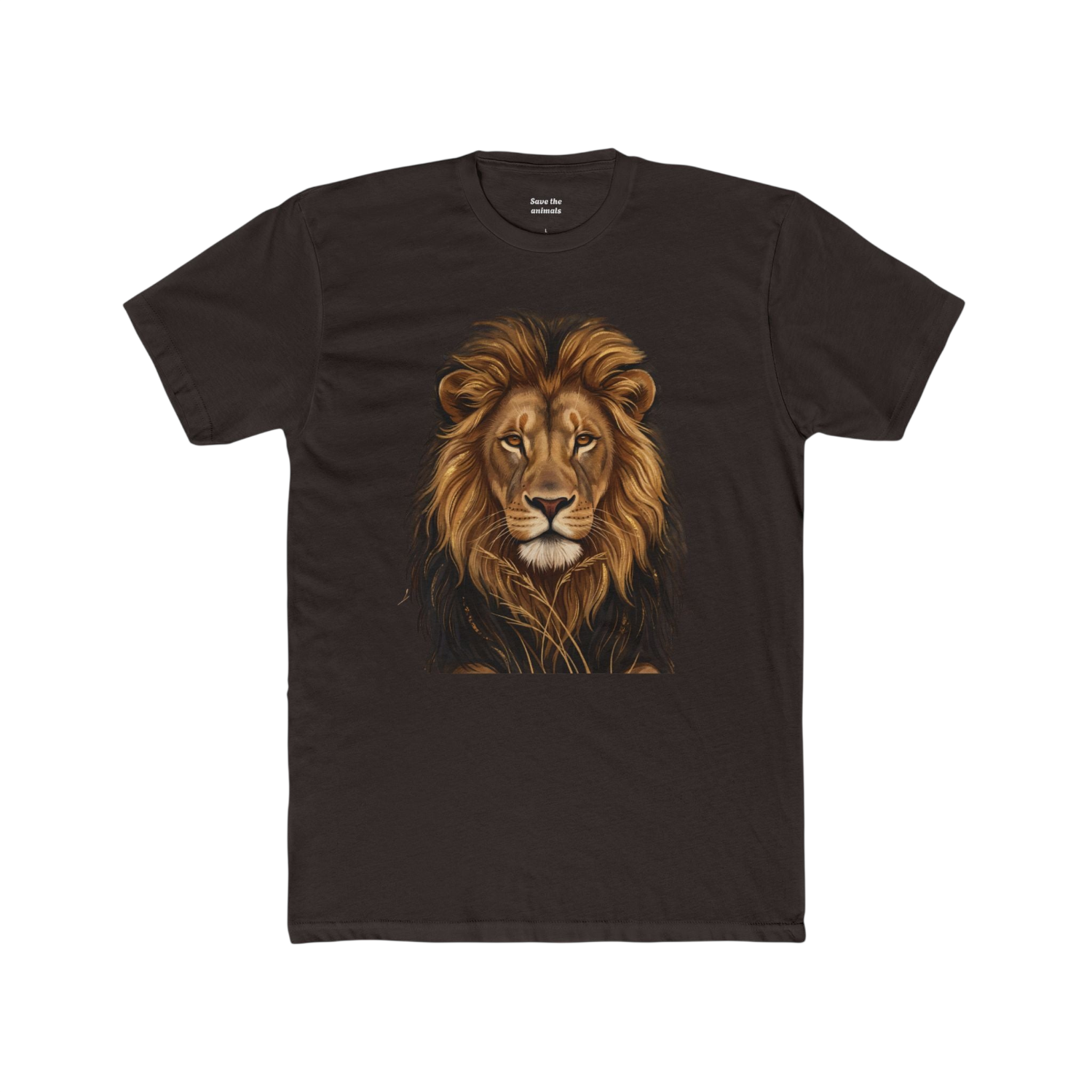 A dark brown short-sleeve crewneck t-shirt featuring a detailed graphic print of a lion's face on the chest, displayed flat against a solid white background.