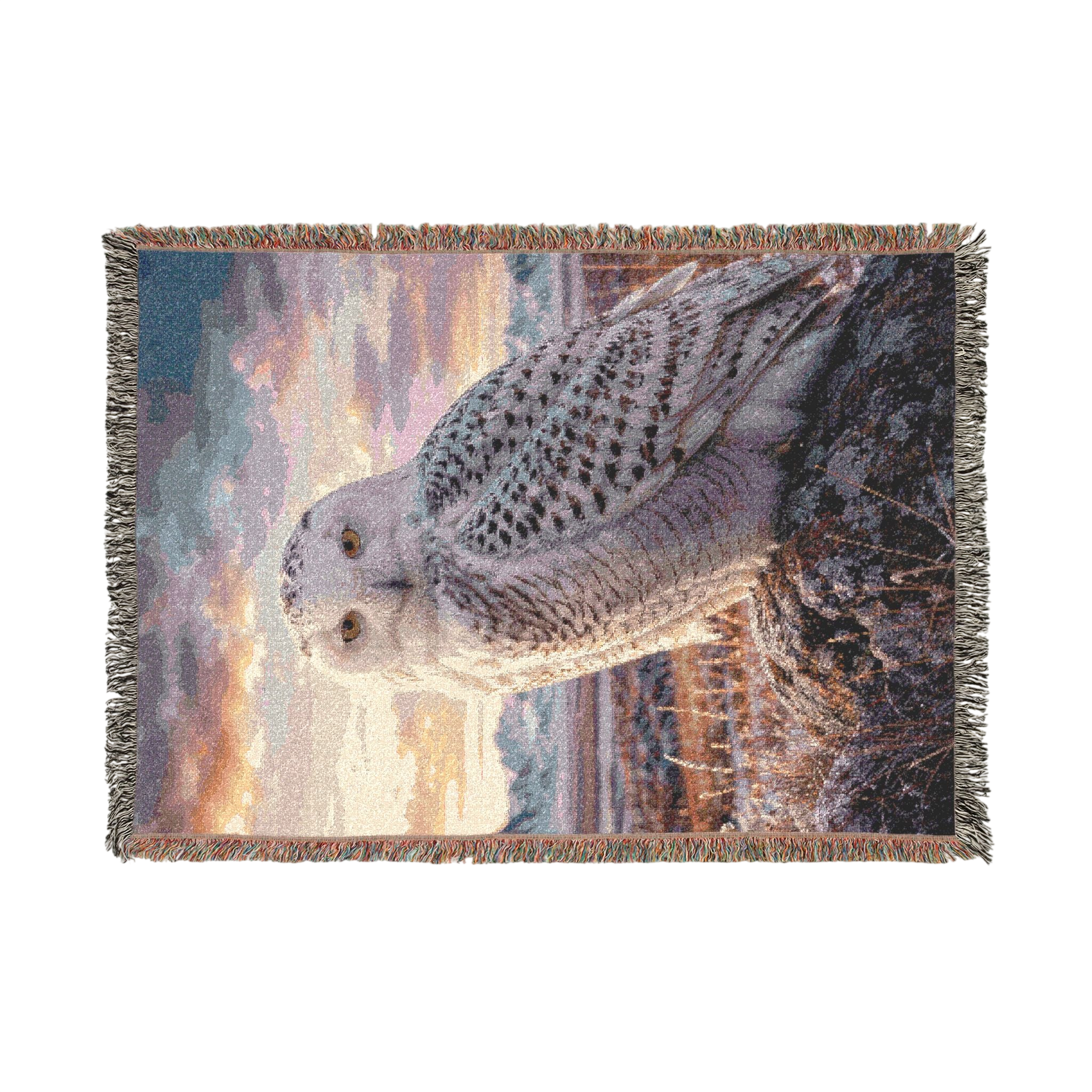 Snowy Owl Woven Blanket – Scenic Sunset 100% Cotton Wildlife Throw