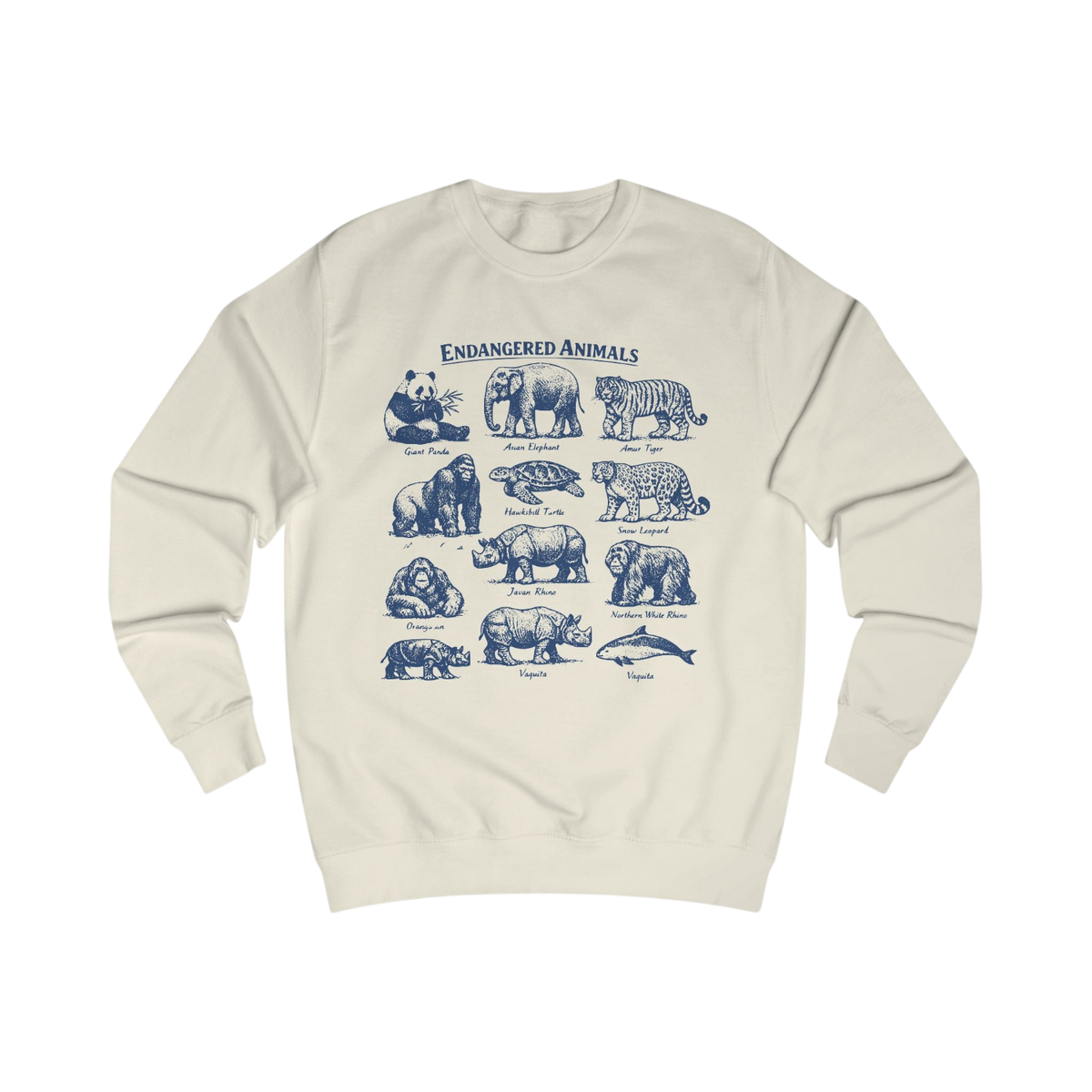 An off-white crewneck sweatshirt featuring a blue graphic print titled 'ENDANGERED ANIMALS' with various animal illustrations and names, shown against a plain white background.