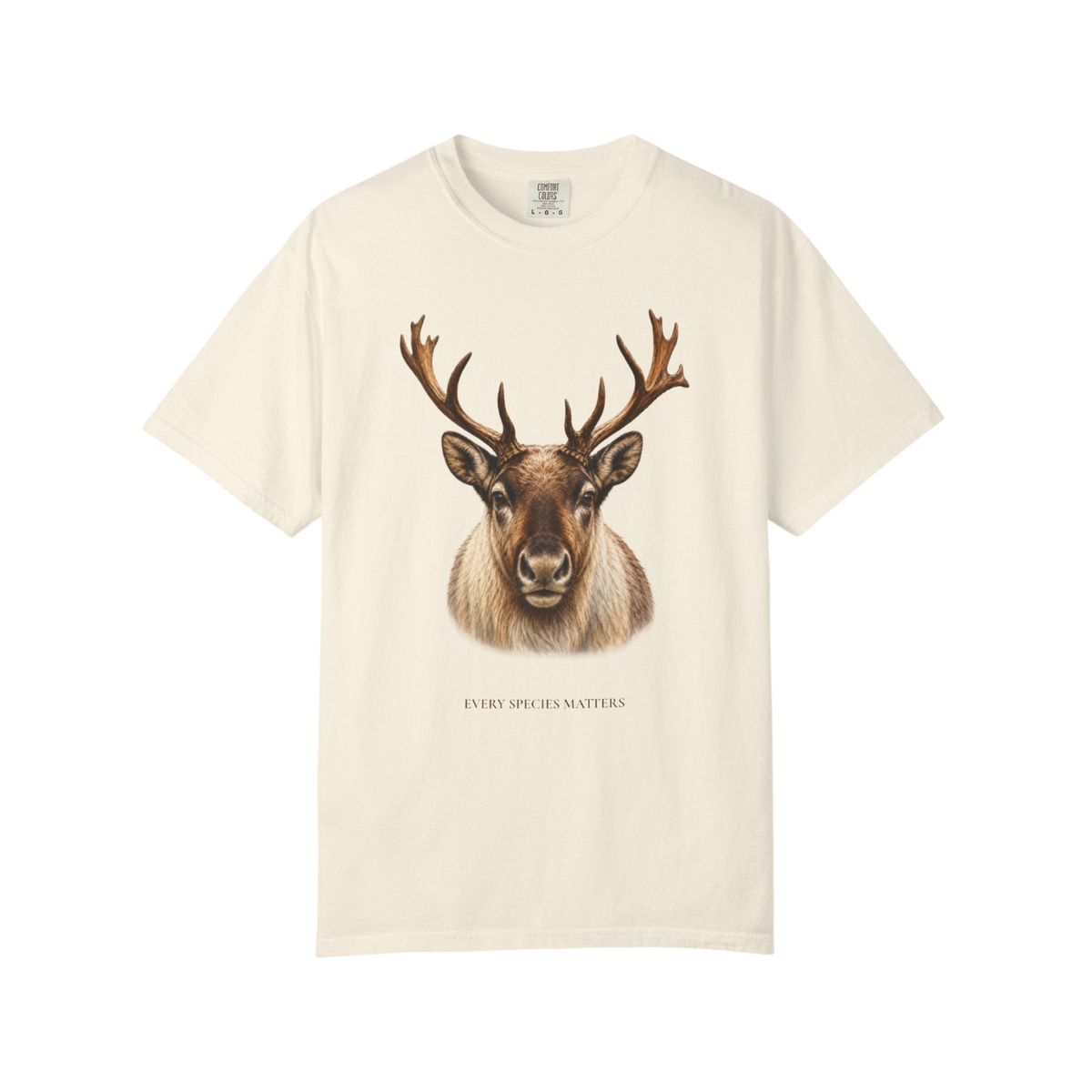 An off-white short-sleeve t-shirt featuring a detailed graphic print of a caribou reindeer head with large antlers, and the text 'EVERY SPECIES MATTERS' printed below the graphic.
