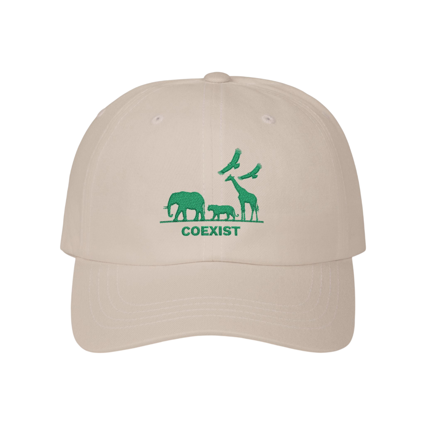 A beige baseball cap with a green embroidered graphic of an elephant, giraffe, and birds above the word 'COEXIST' on the front, shown against a plain white background.