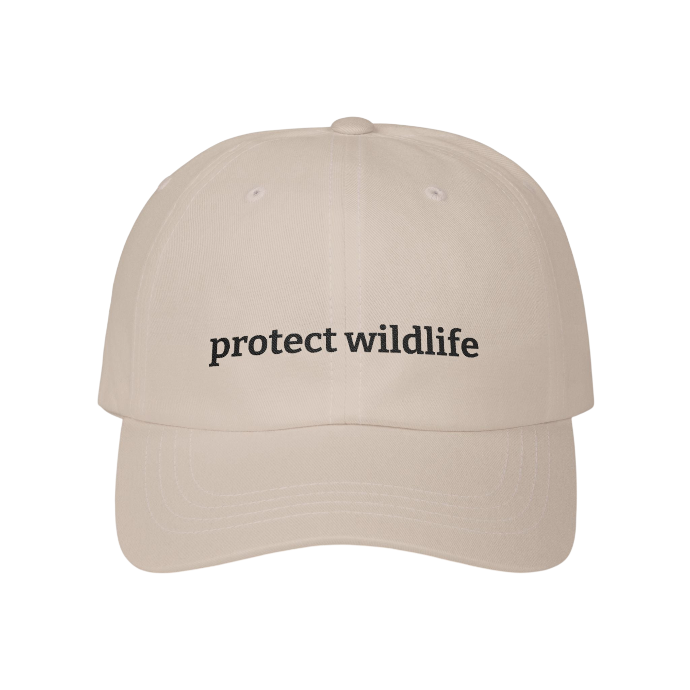 A beige baseball cap with the words 'protect wildlife' embroidered in black lowercase serif font across the front, shown against a plain white background.