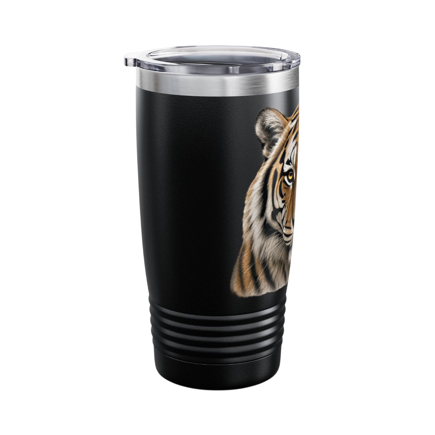 A black insulated travel tumbler with a clear lid, featuring a realistic graphic of a tiger's head on the side, shown against a plain white background.