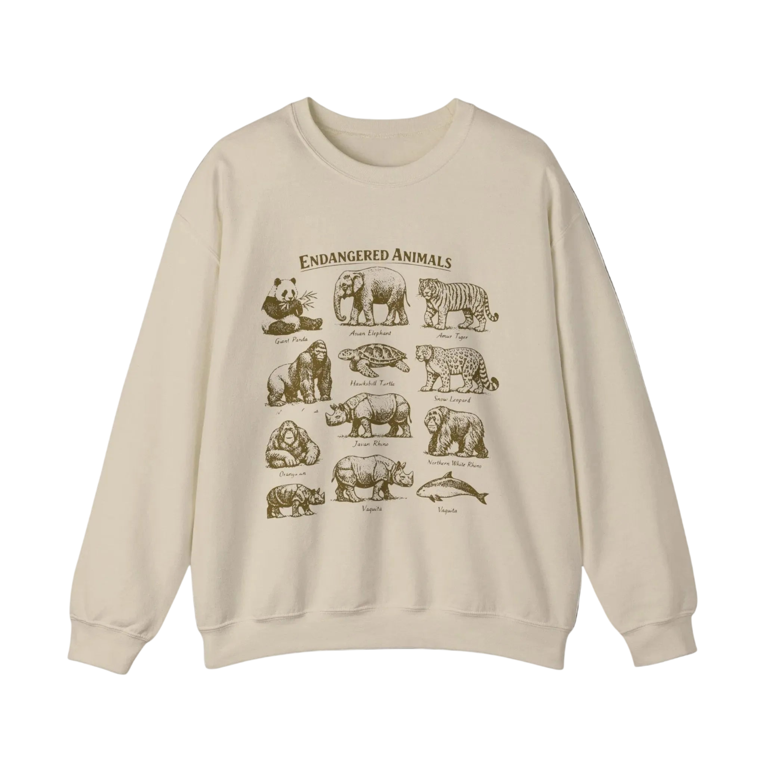 A beige crewneck sweatshirt featuring a dark brown graphic print titled 'ENDANGERED ANIMALS' with illustrations of various endangered species including a panda, elephant, tiger, rhinoceros, and shark.