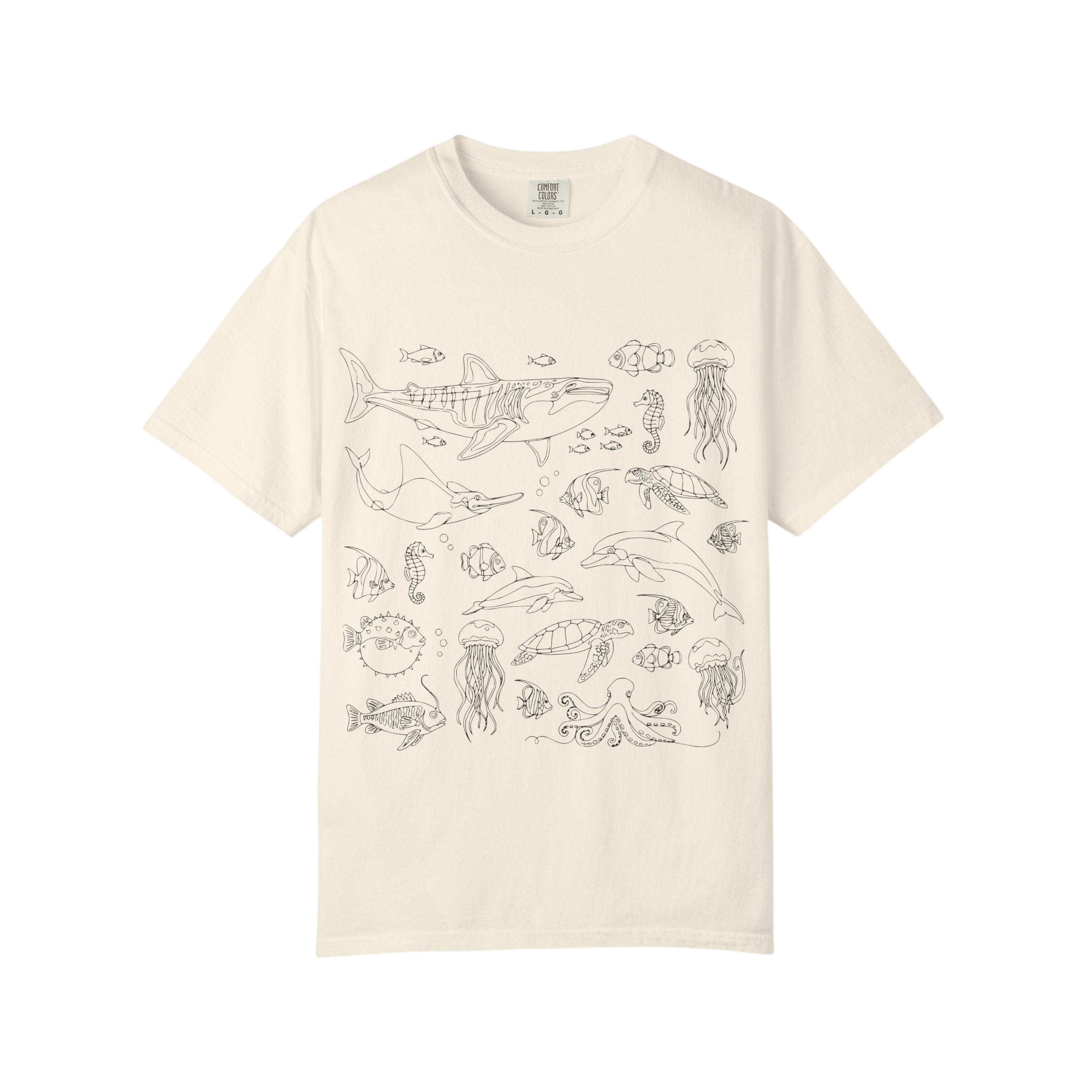 Ocean Life Illustration T-Shirt — Marine Creatures Line Art Tee