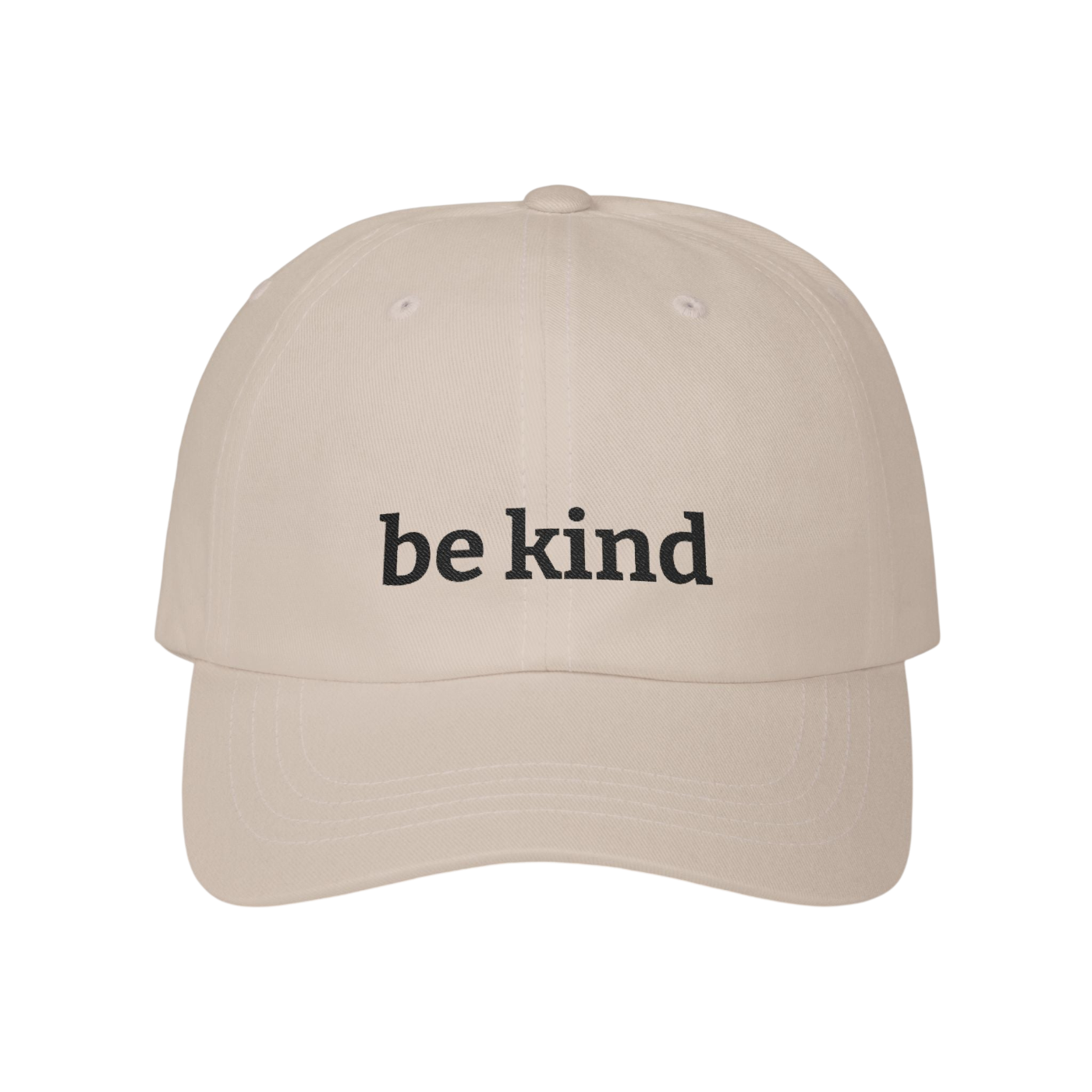 A beige baseball cap with the words 'be kind' embroidered in black lowercase serif font on the front, shown against a plain white background.