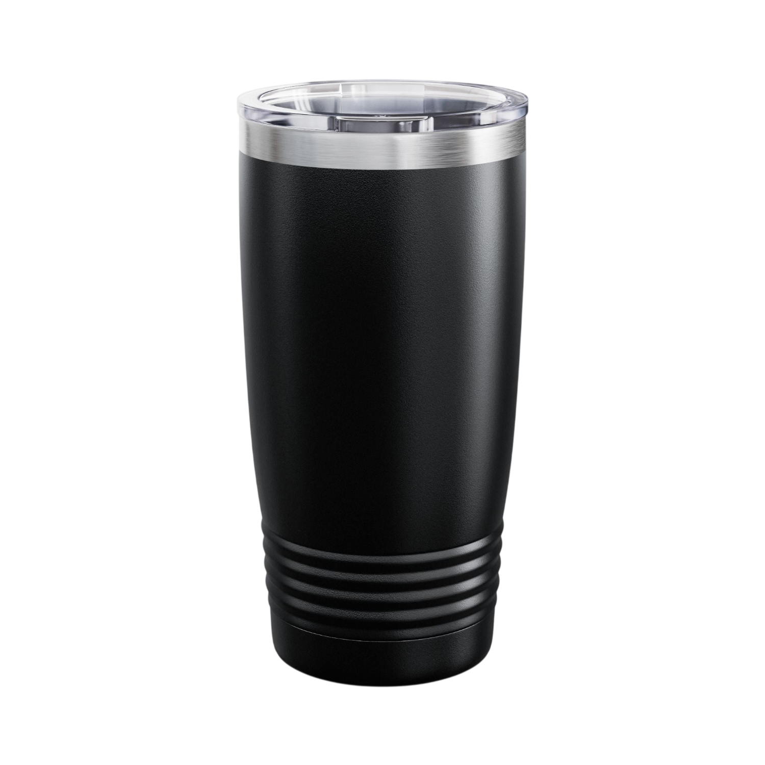 A black insulated travel tumbler with a clear lid, featuring a realistic tiger face graphic printed on the side, set against a plain white background.