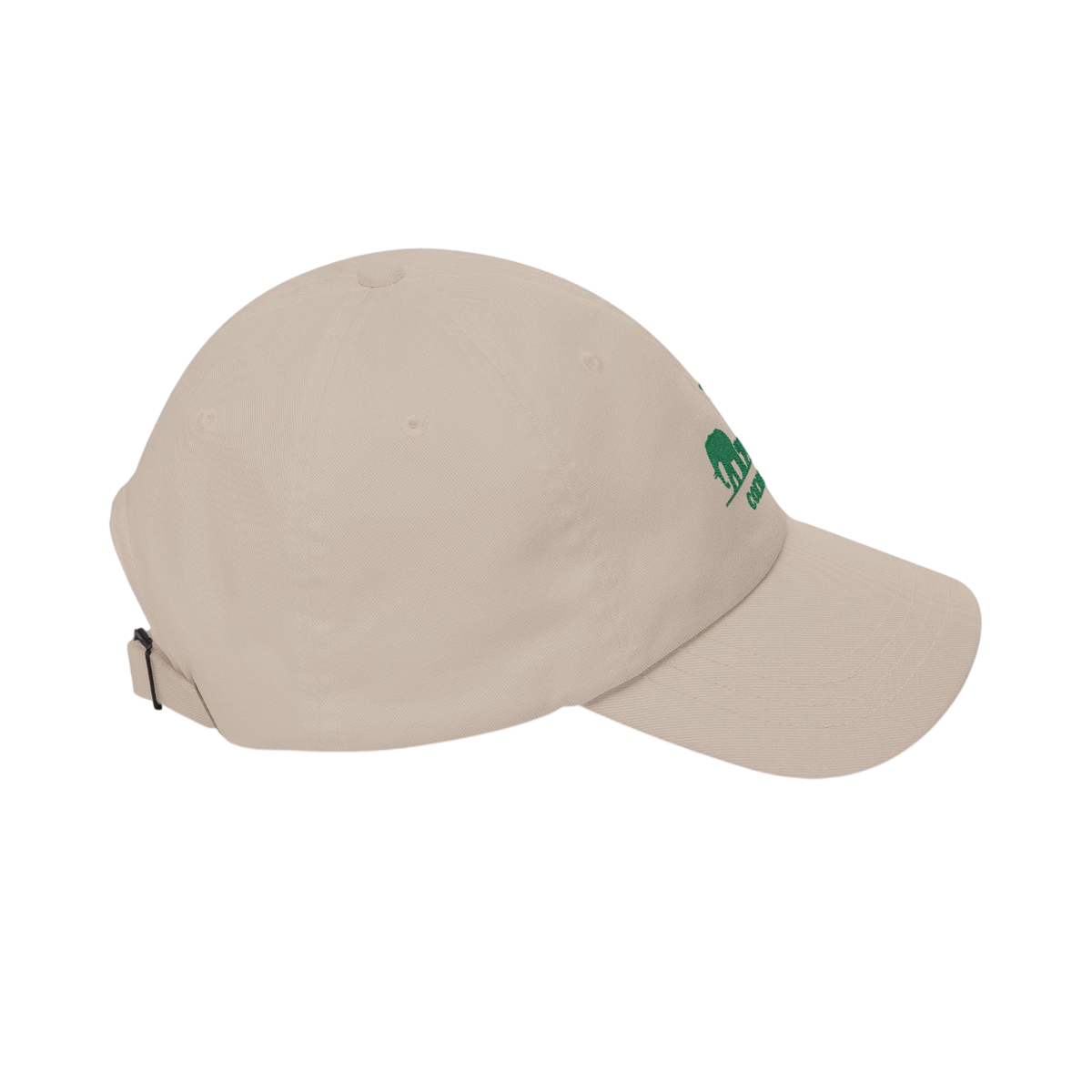 A beige baseball cap with a small green embroidered logo on the side, shown from a three-quarters angle against a plain white background.