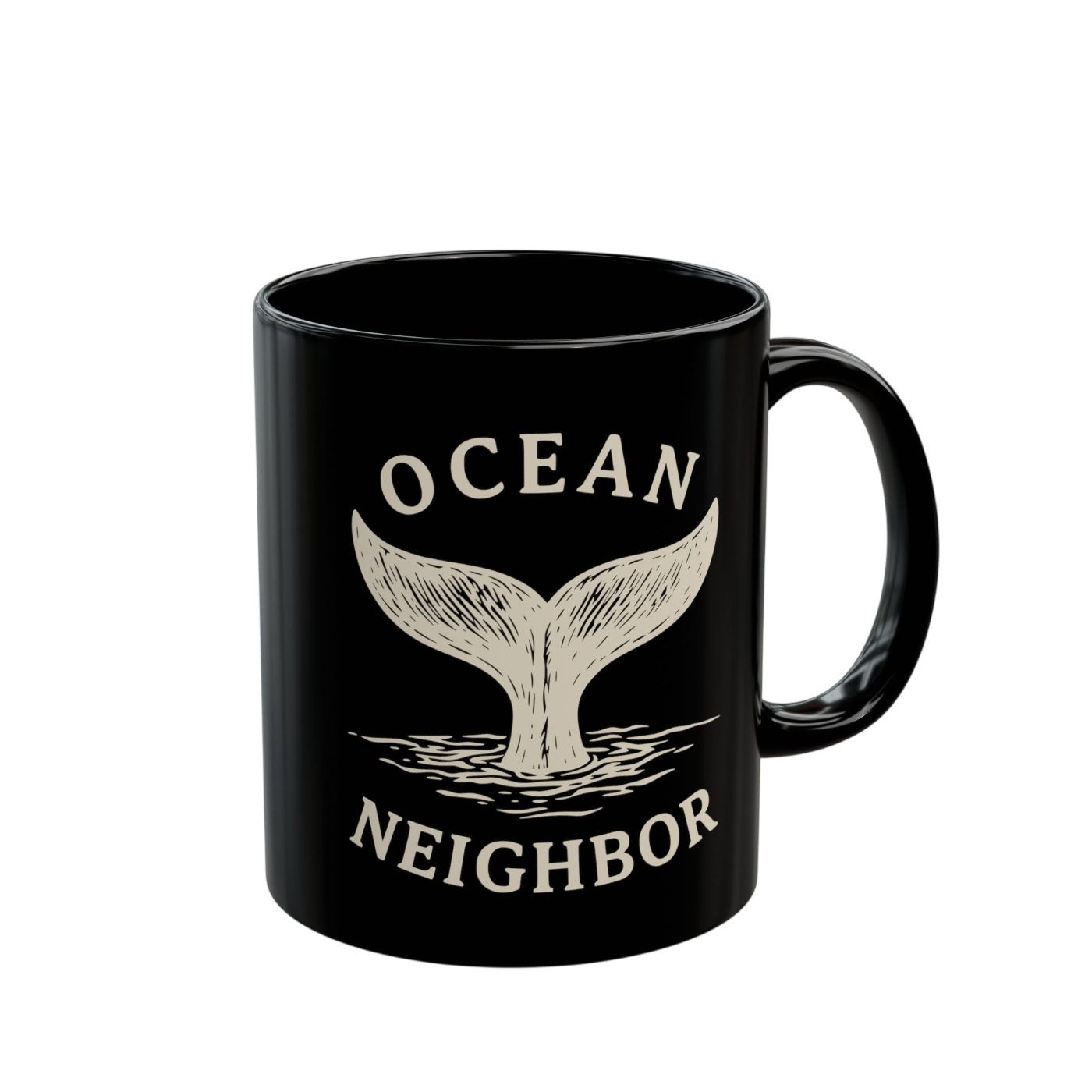 A black ceramic mug with a cream-colored graphic of a mermaid tail and the text 'OCEAN NEIGHBOR' on a plain white background.