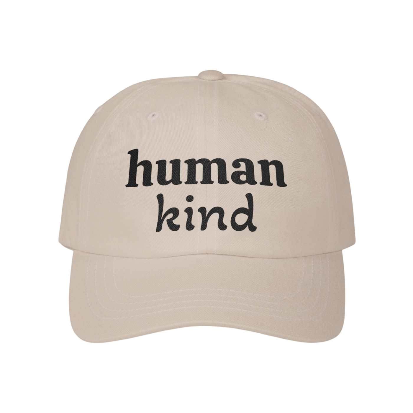 A beige baseball cap with the words 'human kind' printed in black lowercase serif font on the front, shown against a plain white background.