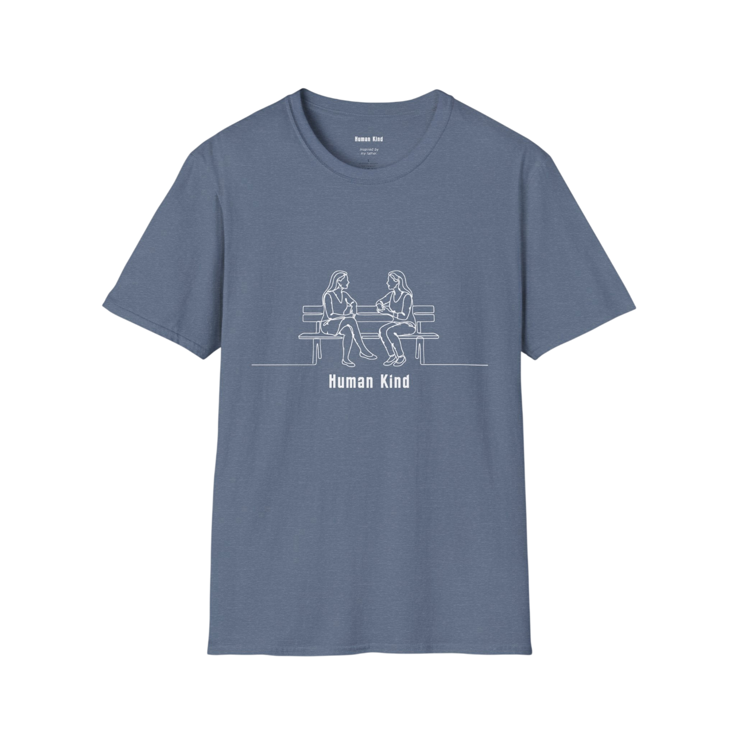 A slate blue short-sleeve crewneck t-shirt with a white line art graphic of two women sitting on a bench and the text 'Human Kind' printed below, displayed on a light beige background.