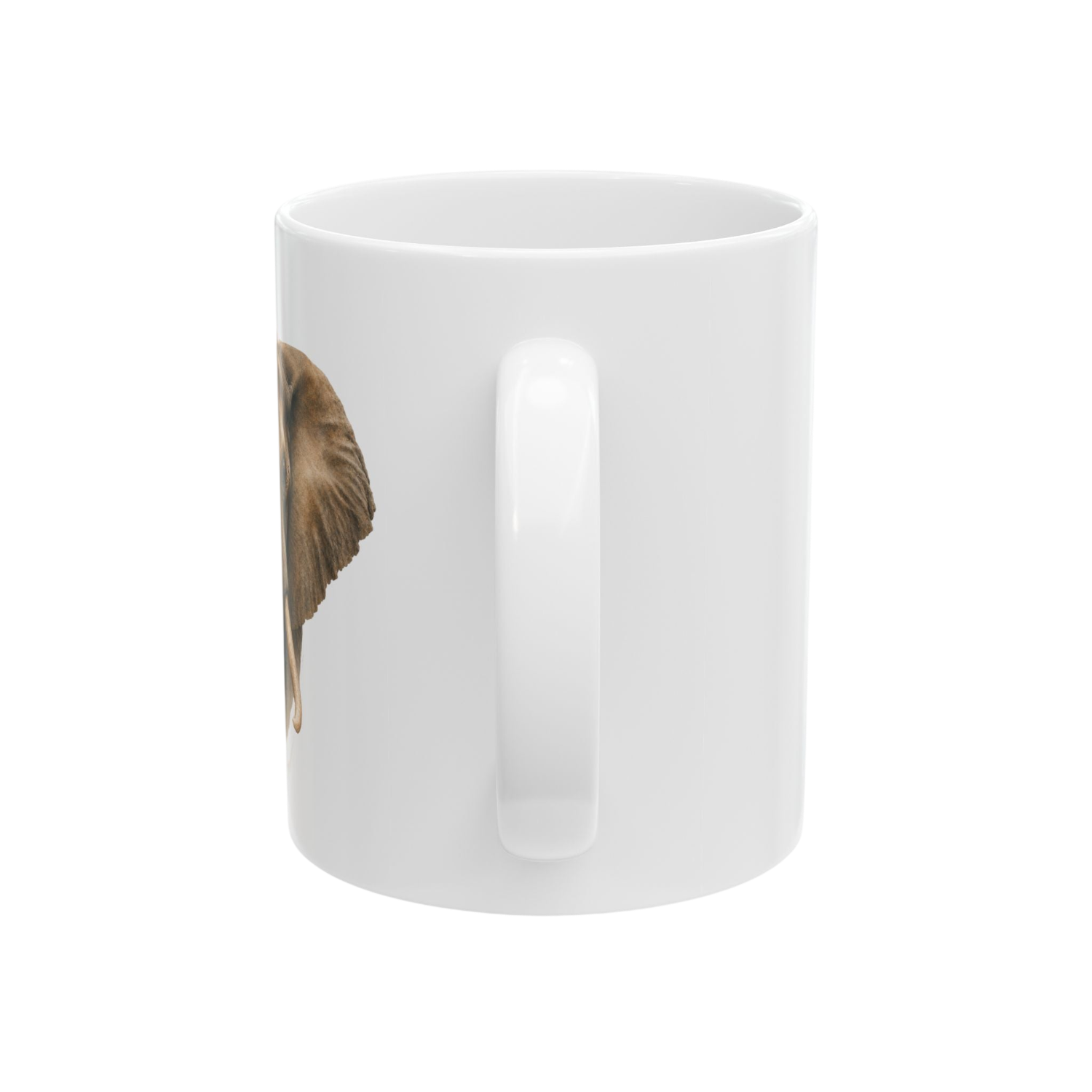 A white ceramic mug with a handle, featuring a partial graphic print of an elephant head in brown tones on the side, shown against a plain white background.