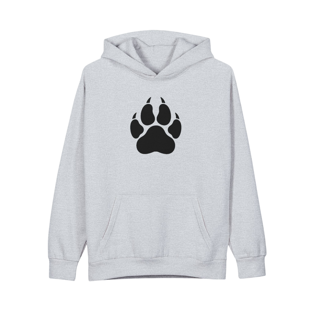A light heather gray pullover hoodie with a black paw print graphic centered on the chest, displayed against a solid white background.