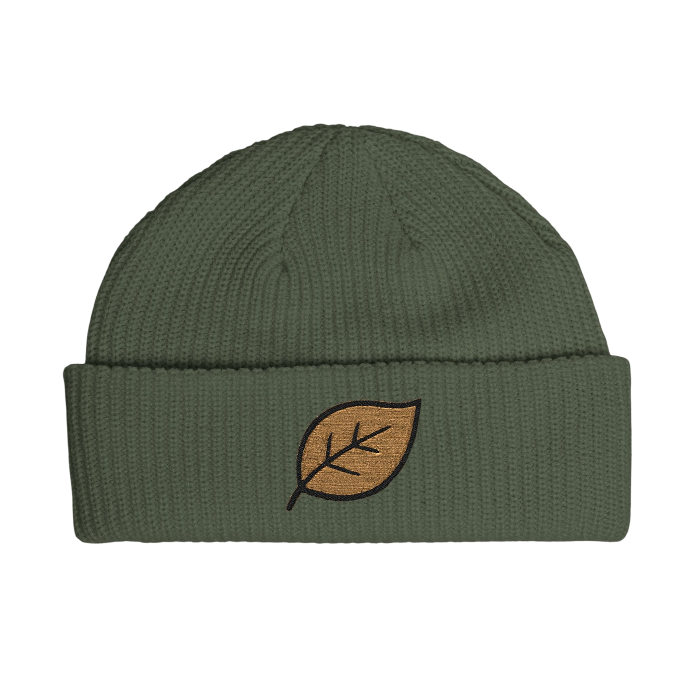 An olive green ribbed knit beanie hat featuring an embroidered brown leaf with black outlines on the front cuff, set against a plain white background.