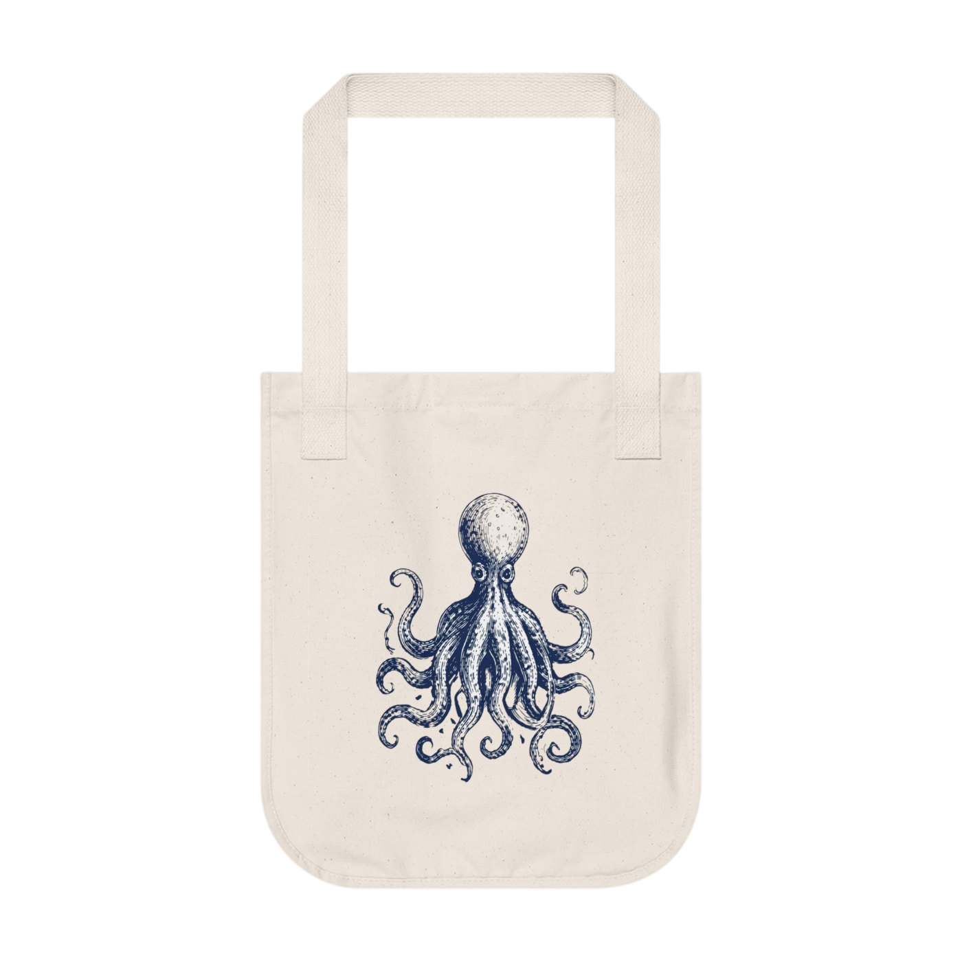 An off-white canvas tote bag with a blue octopus illustration printed on the front, set against a plain white background.