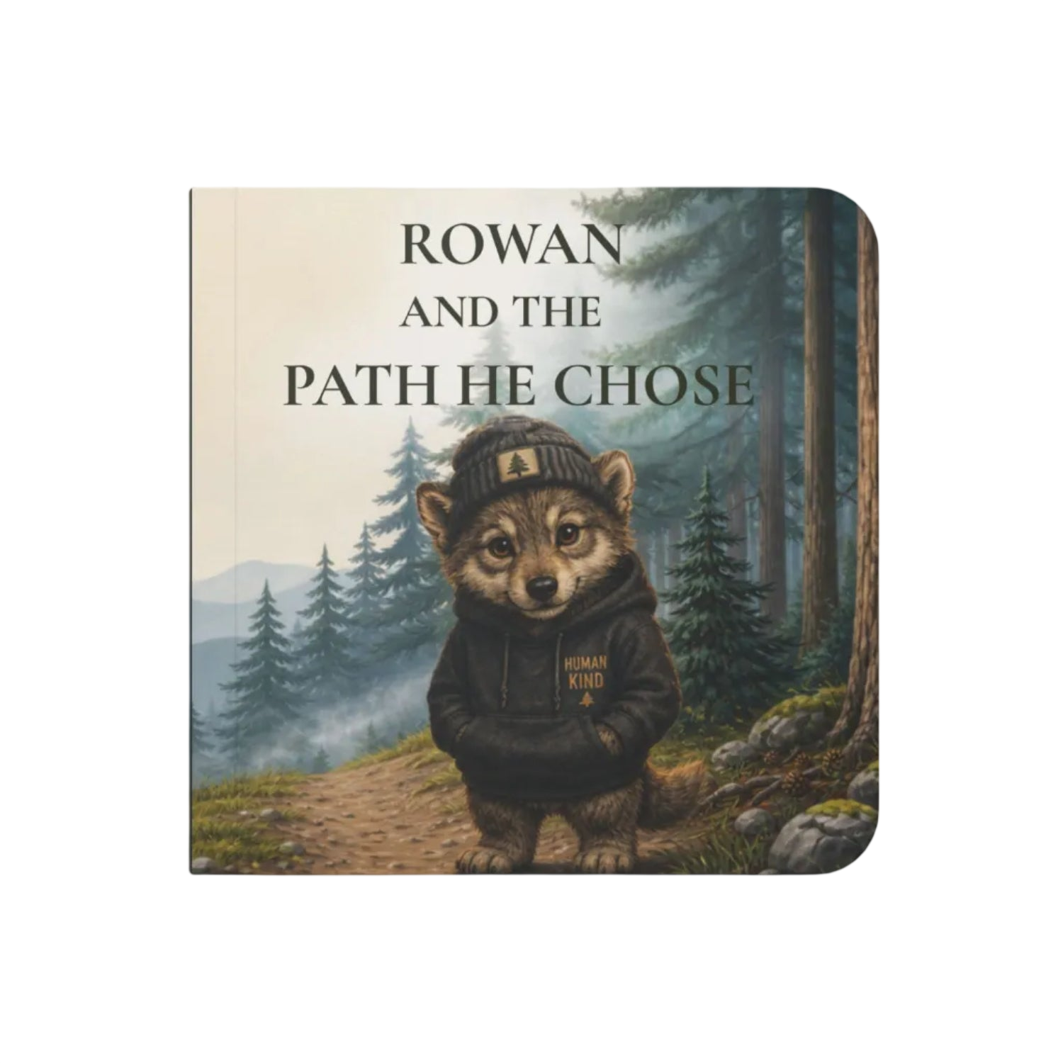 A square book cover for a children's book titled "ROWAN AND THE PATH HE CHOSE," showing an illustrated bear standing on a forest path wearing a dark hoodie and beanie. The cover is photographed on a clean white background with a soft shadow.