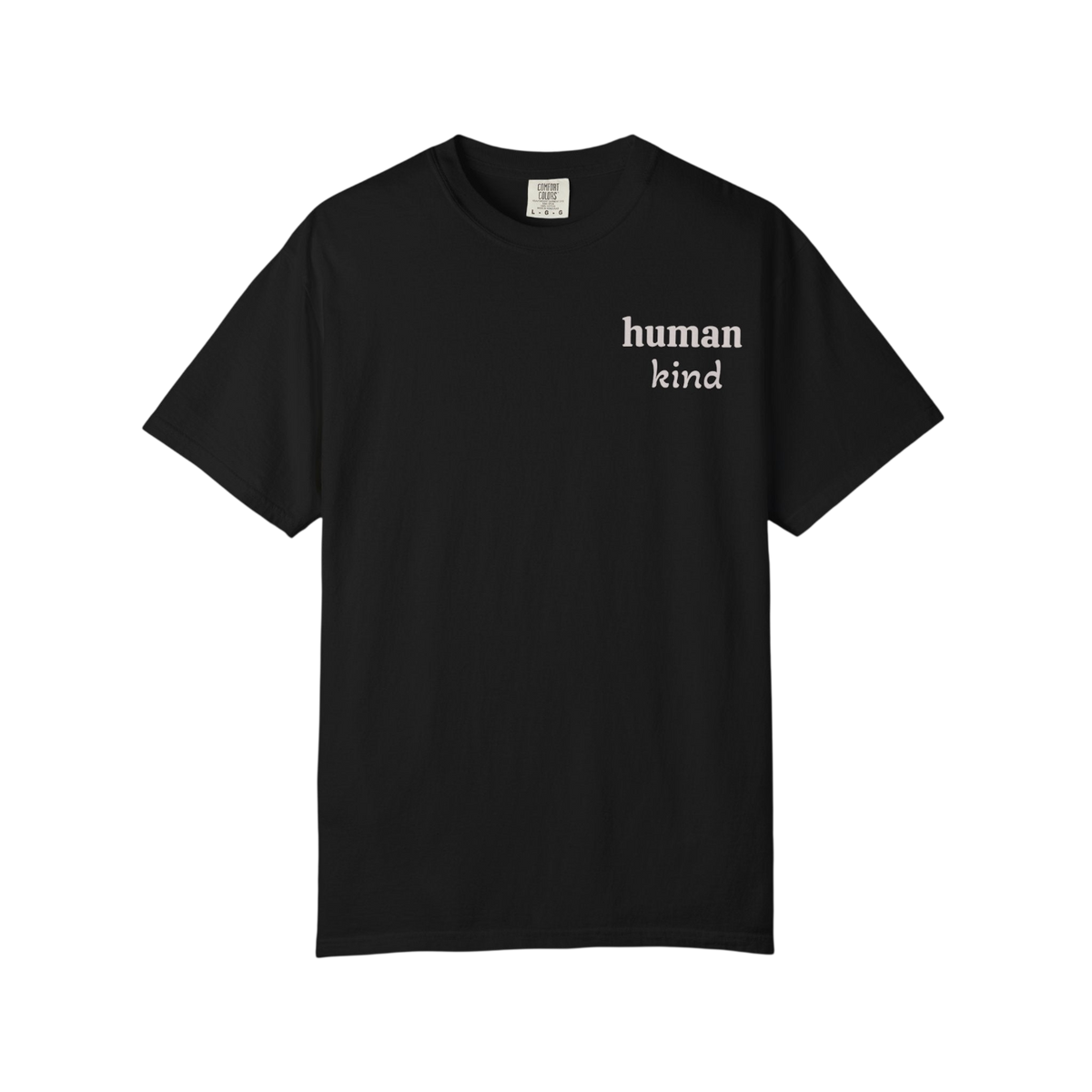 A black short-sleeve crewneck t-shirt with the words 'human kind' printed in white serif font on the left chest, displayed against a solid white background.