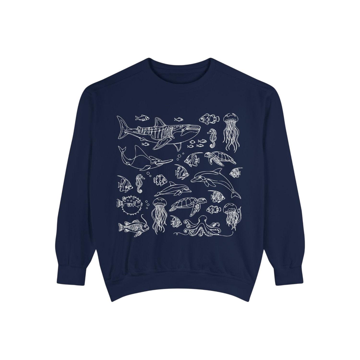 A navy blue crewneck sweatshirt featuring a white line art graphic of various ocean creatures, including a shark, dolphins, jellyfish, and sea turtles, displayed on a clean white background.
