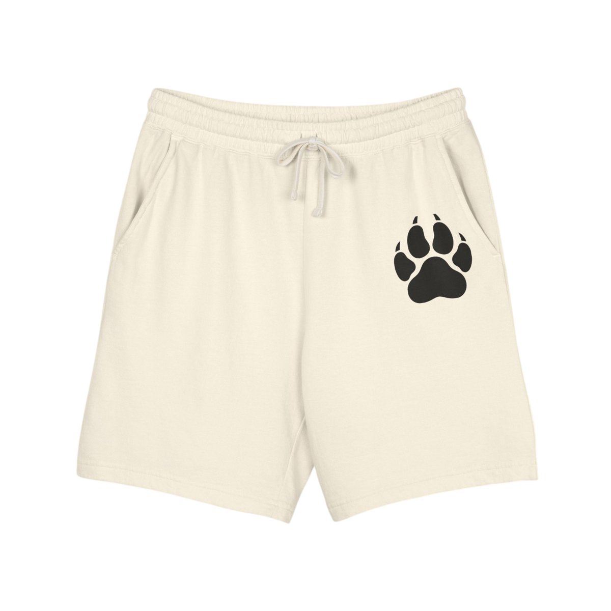 Cream-colored drawstring shorts with a black paw print graphic on the left leg, displayed on a solid white background.