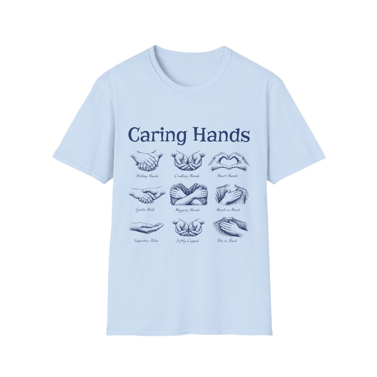 A light blue short-sleeve crewneck t-shirt featuring a dark blue graphic print on the front titled 'Caring Hands' with various hand illustrations and labels, shown against a plain white background.
